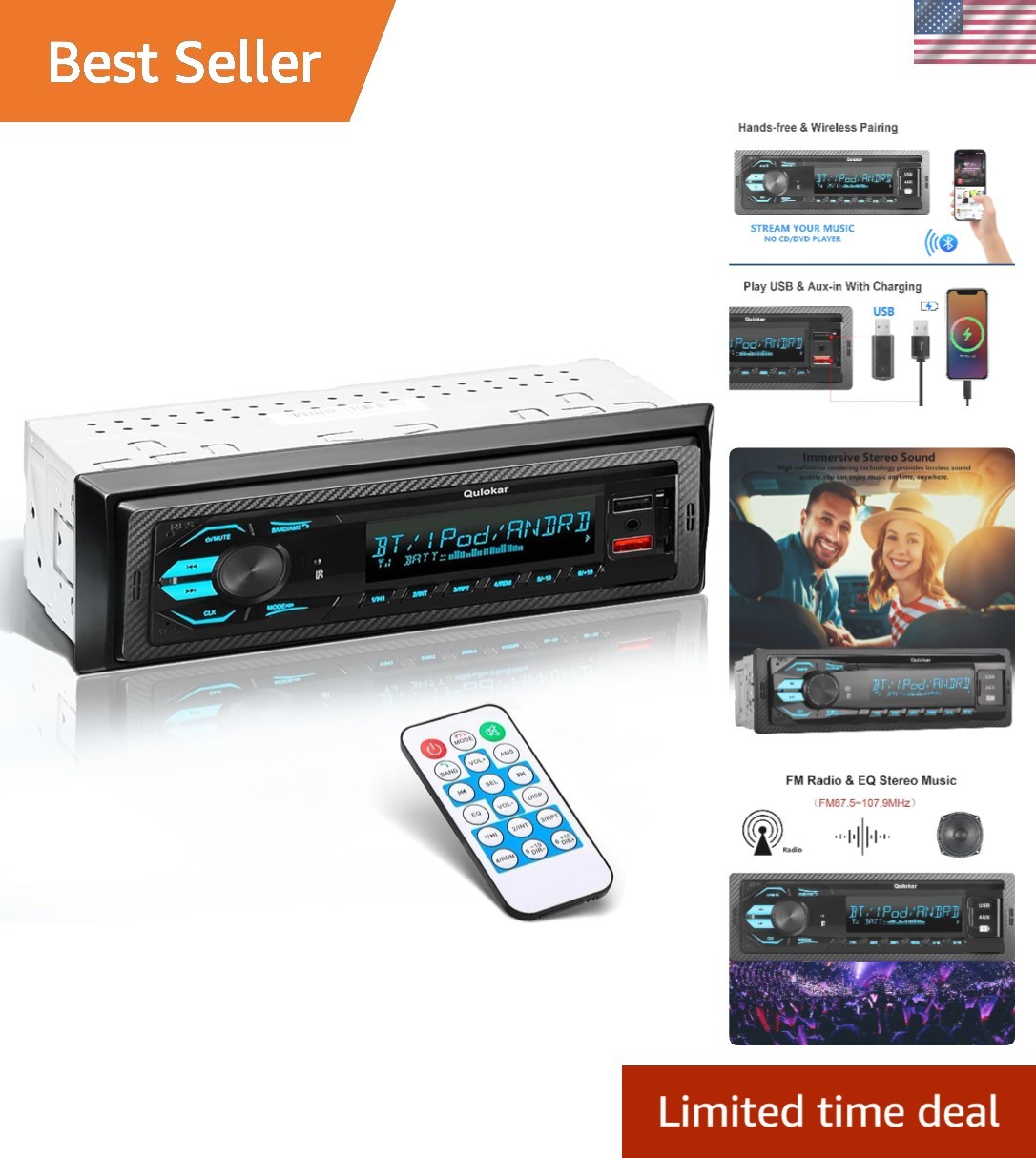 Ultimate Single DIN Car Stereo with Hands-Free Calling & Vibrant 7-Color Display