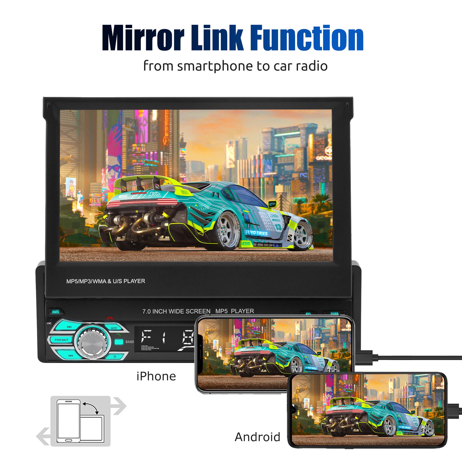 7″ Single 1 Din Car Stereo Radio Apple CarPlay & Android Auto Flip Out Player BT