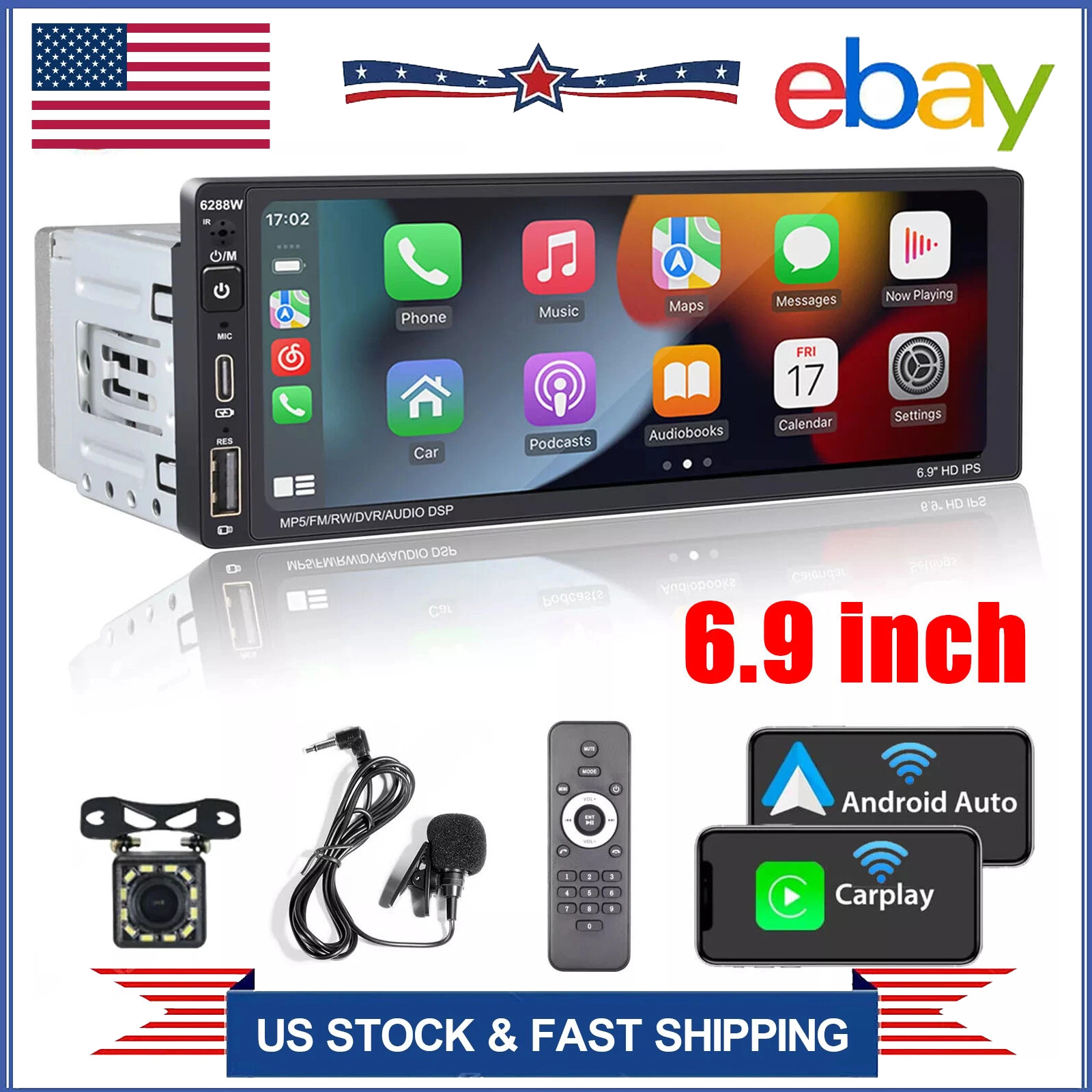 Single Din Car Stereo Wireless Apple CarPlay 6.9 touchscreen Bluetooth Radio USB