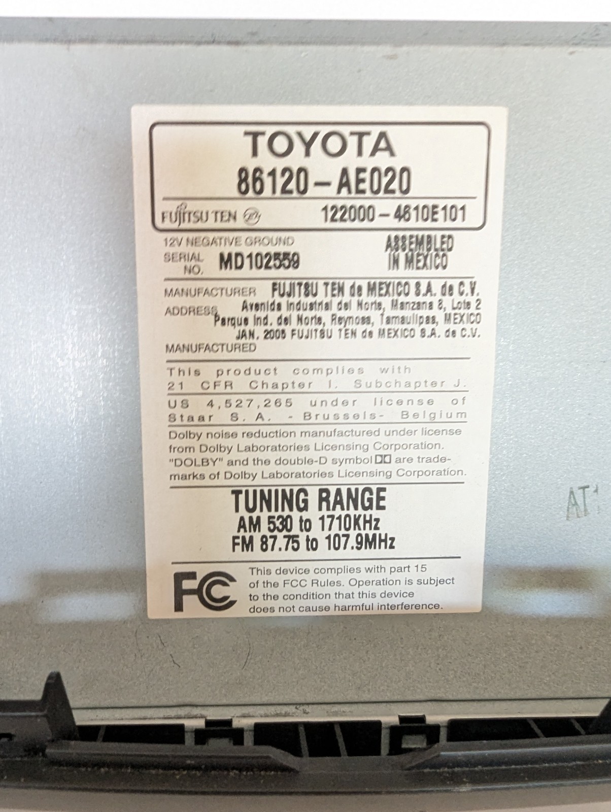 2004-2010 TOYOTA SIENNA LE MP3 WMA CD Radio, 86120-AE020 , JBL