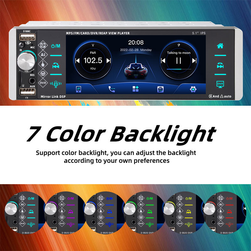 5.1” 1 Din Car Stereo CarPlay Android Touch Screen Car Radio 3USB MP5 Bluetooth