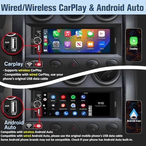 Universal Single Din Car Stereo with Wireless CarPlay & Android Auto, 6.36 inch