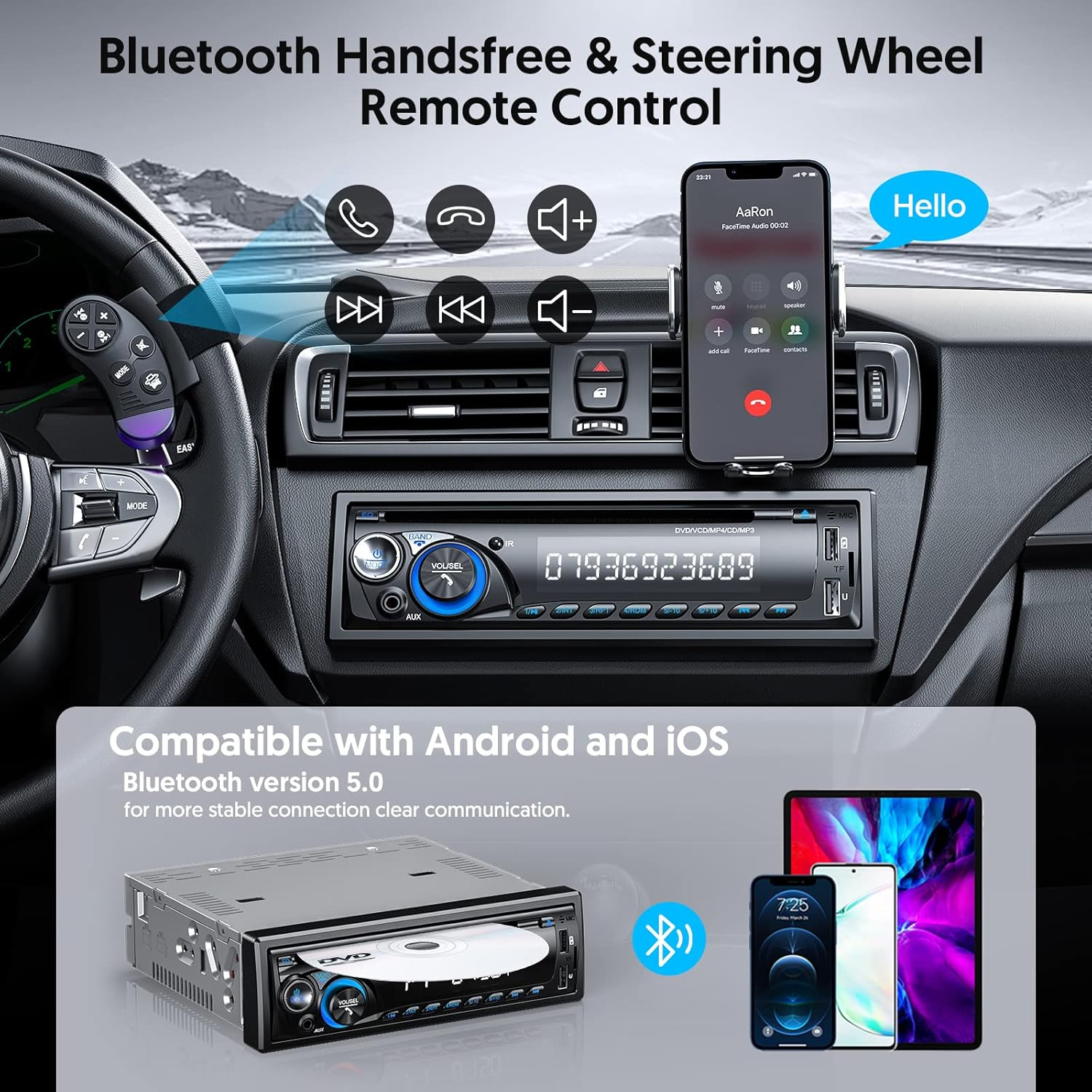 Car Radio Bluetooth with CD DVD Player, Single Din FM/AM Car Stereo with CD Pla