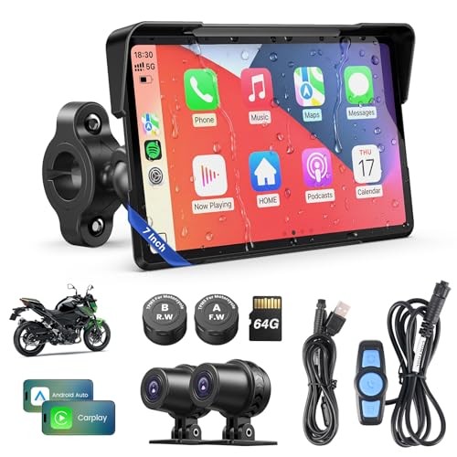 Motorcycle CarPlay Screen with Android Auto – 7”+Dual 4K Cam+TPMS+GPS+BSD+64GB
