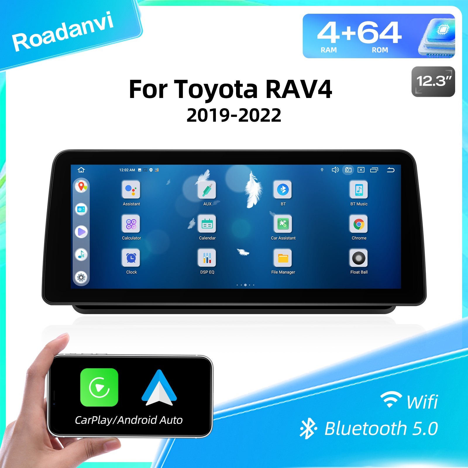 Roadanvi X12 12.3″ Android Car Stereo for Toyota RAV4 2019-22 Wireless CarPlay