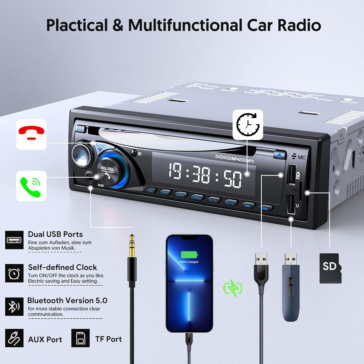 Car Radio Bluetooth with CD DVD Player, Single Din FM/AM Car Stereo with CD Pla