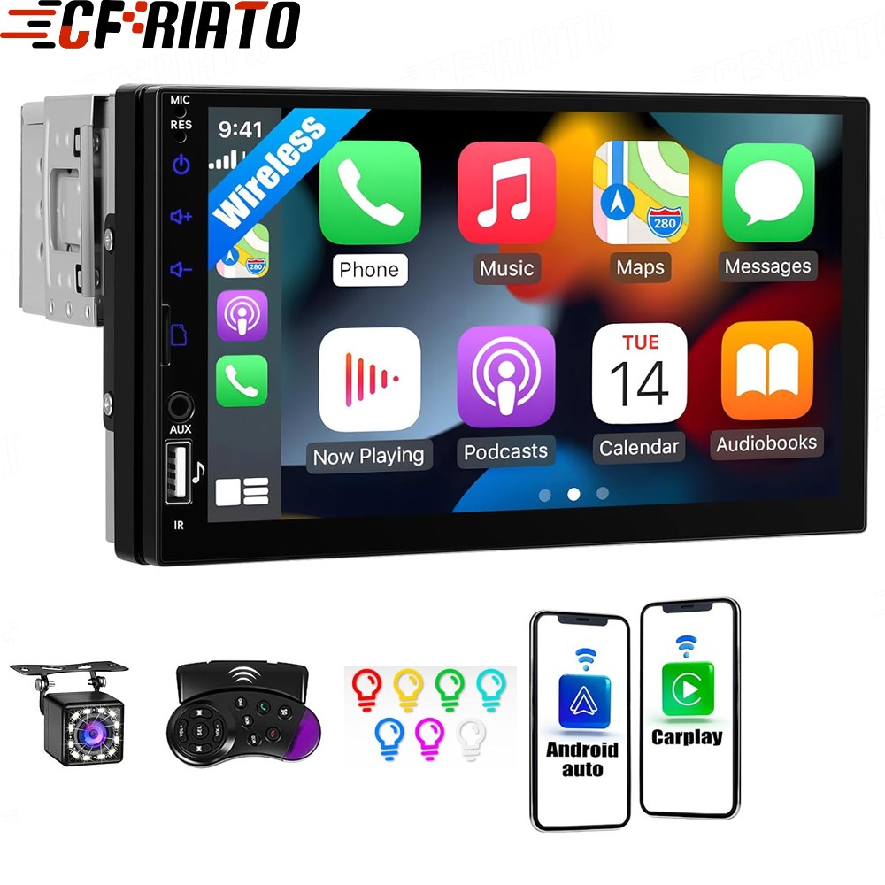 7″ Single 1Din Car Stereo Radio USB BT Wireless Android auto Carplay BT +