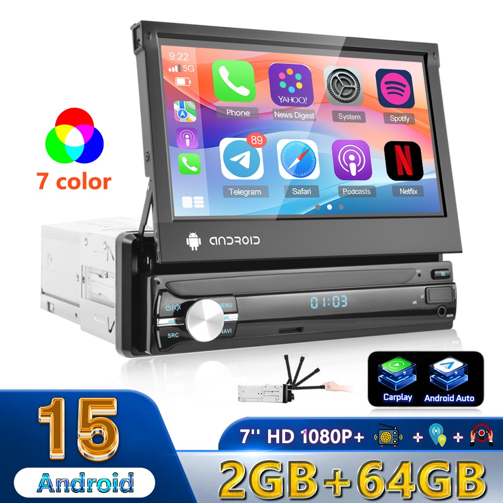 7″ Single 1Din Android 15.0 Carplay Flip Out Car Stereo Radio Navi WiFi FM 2+64G