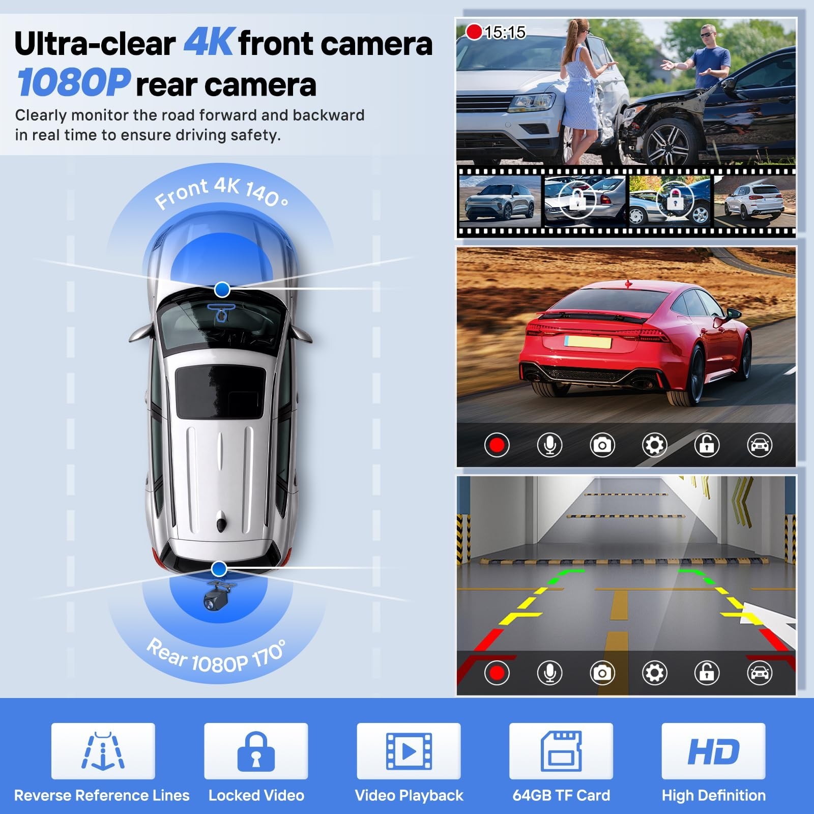 9″ Wireless CarPlay Screen with 4K Dash Cam, 1080p Backup Camera, GPS, Bluetooth