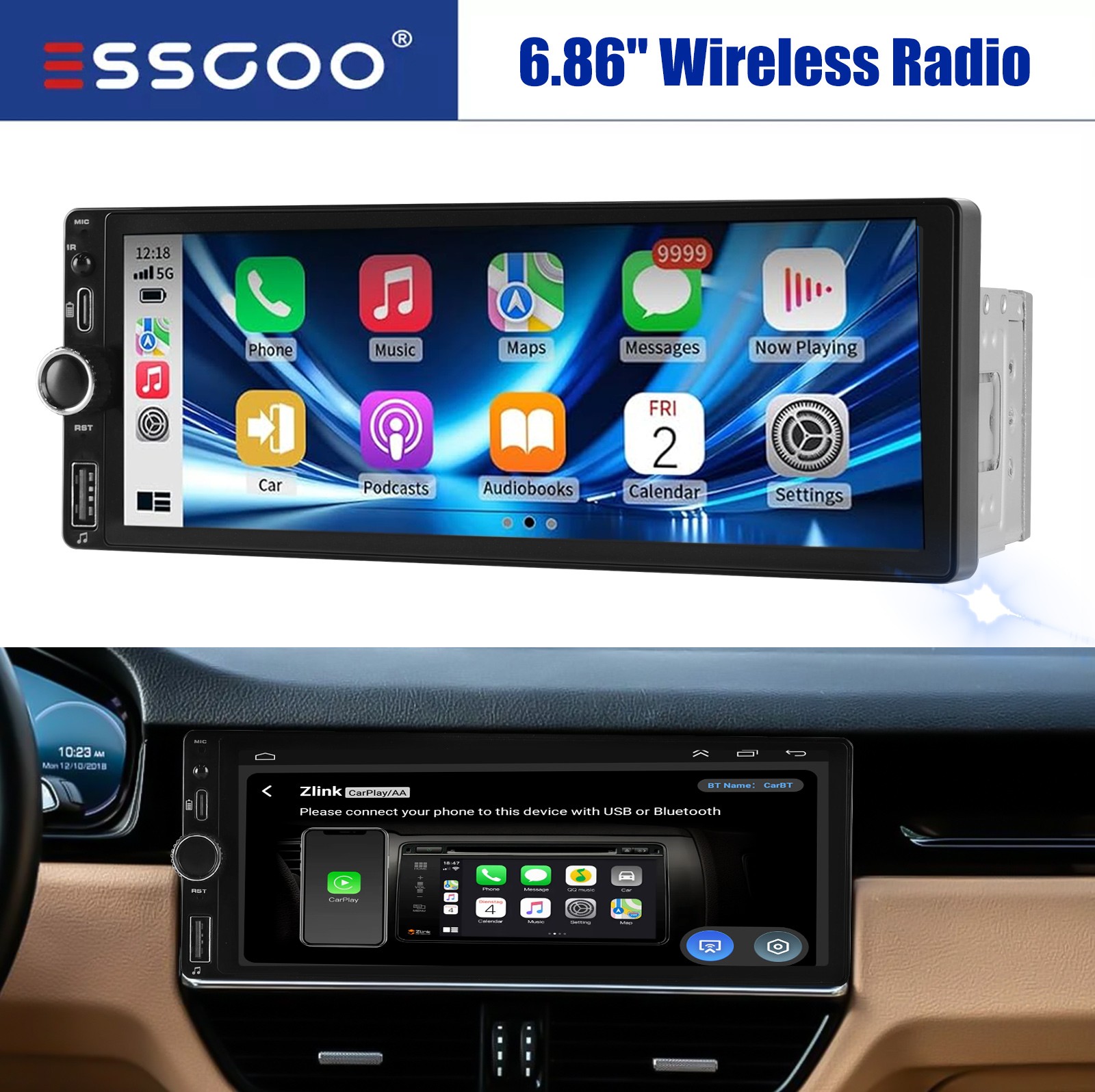 Single 1DIN 6.8″ Touch Screen Car Stereo CarPlay Android Auto Bluetooth FM Radio