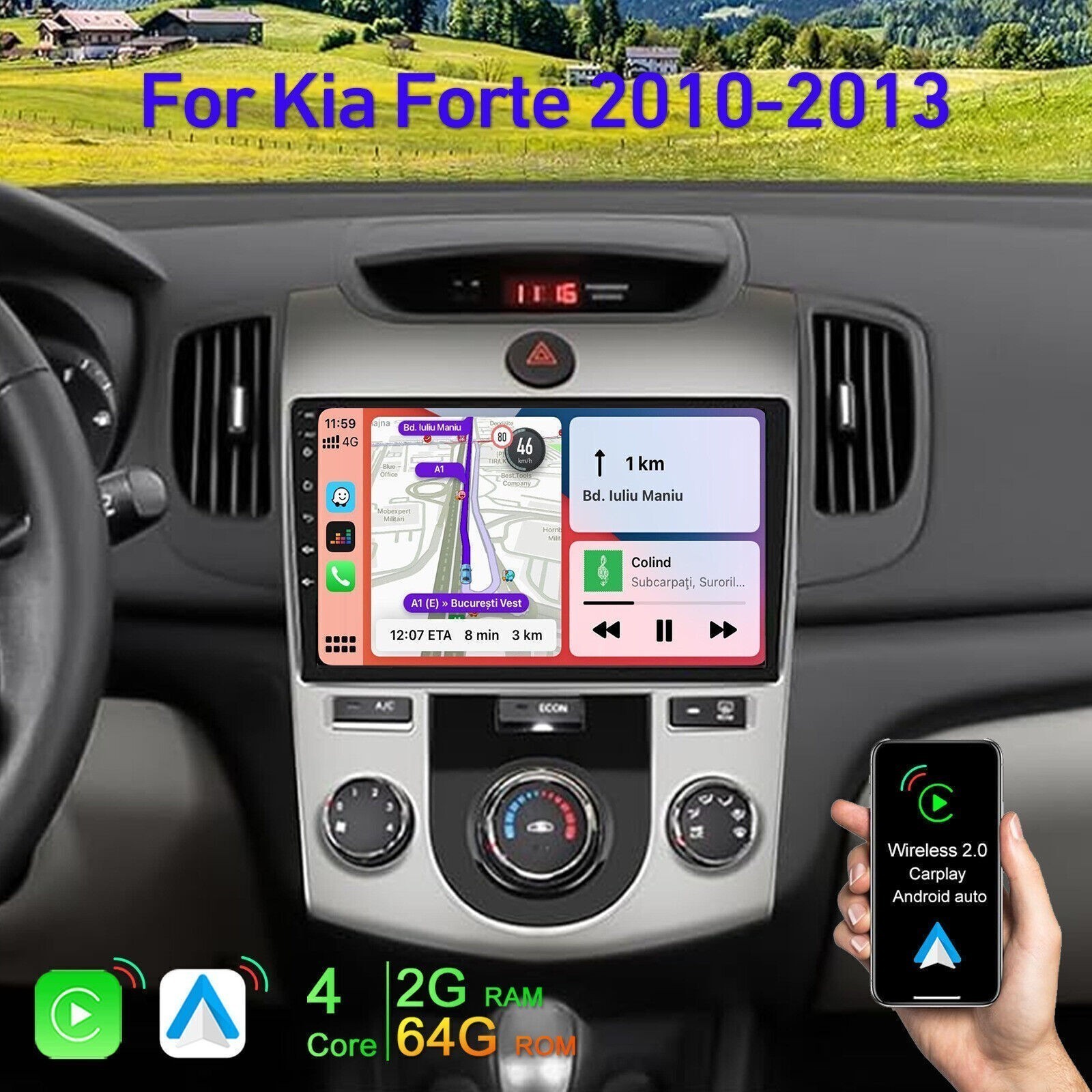 4+64G For KIA Forte 2010-2013 Car Stereo Radio Auto GPS Navi Carplay Screen