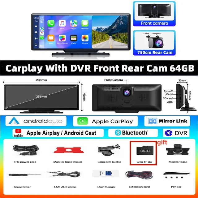 10.2″ Wireless Carplay Monitor Screen Android Auto DVR Front Rear Cam Rearview