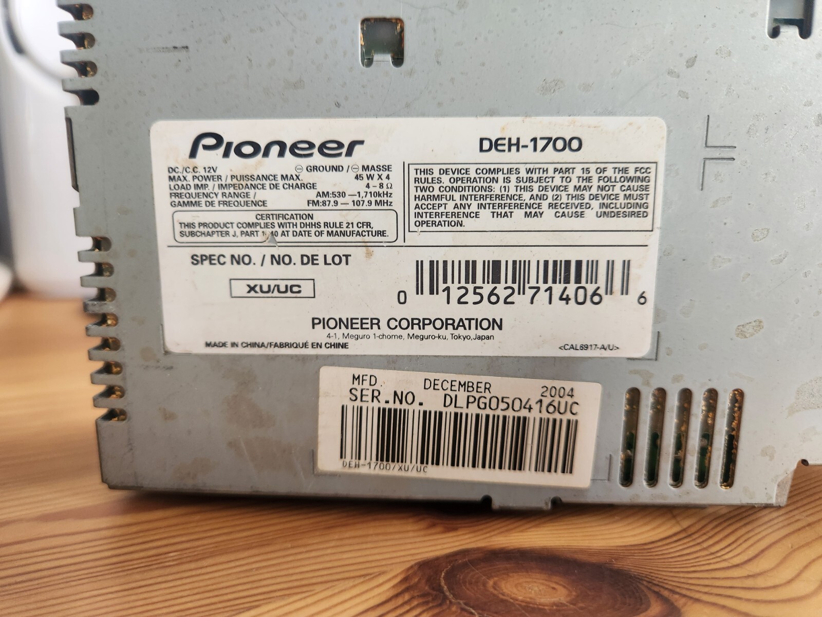 Used Pioneer DEH-1700 CD removable detachable face car stereo FREE SHIPPING