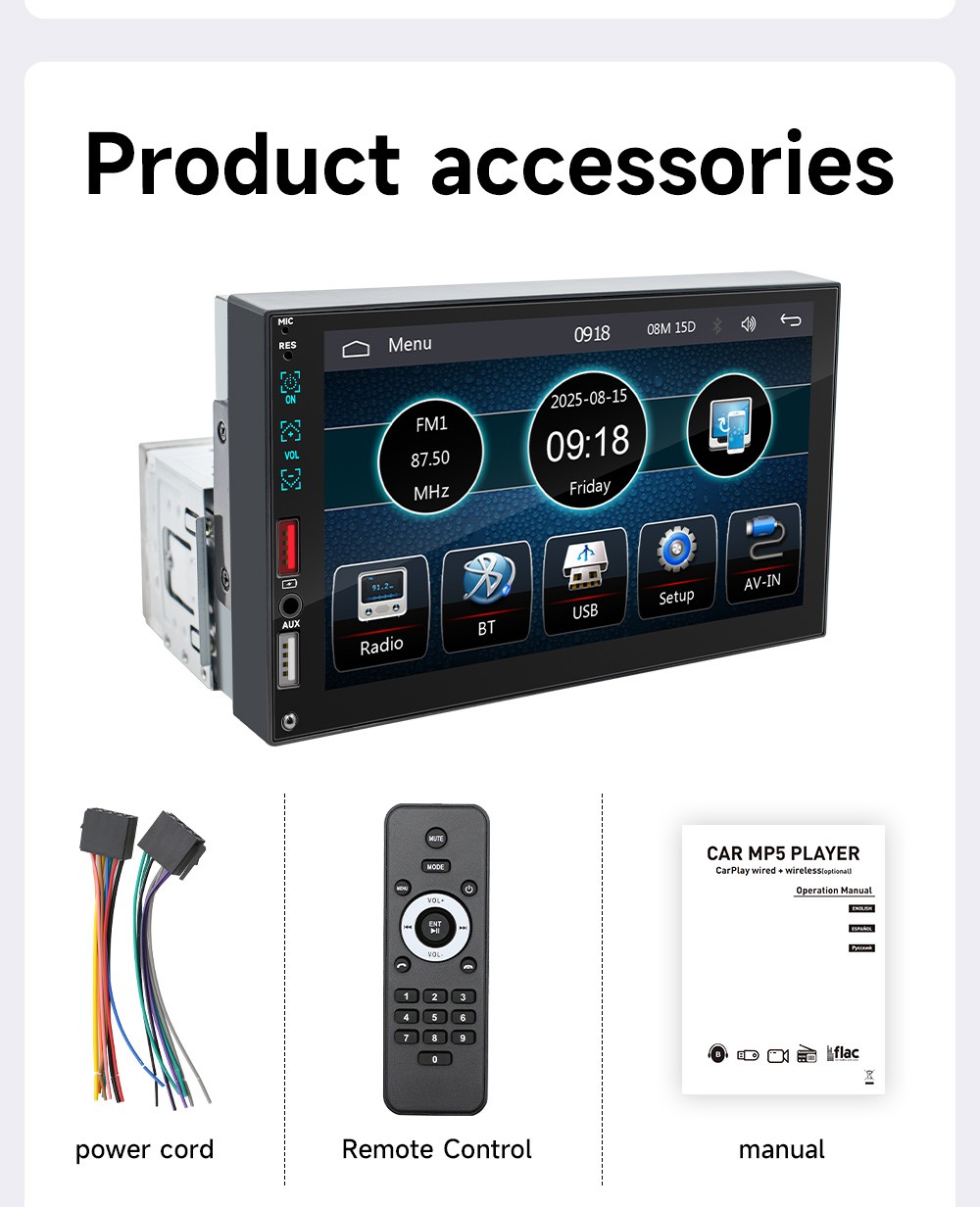 Single 1 Din 7″ HD Touch Screen Stereo Head Unit Apple/Android Carplay MP5 Radio