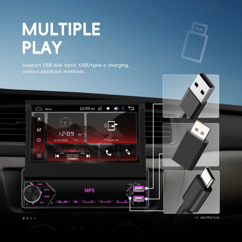 7″ Car Stereo Radio Single 1 Din Flip Out Touch Screen MP5 Player USB Bluetooth