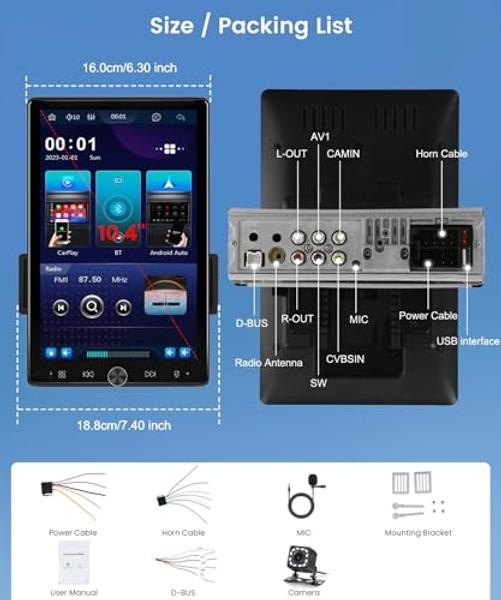 10.4 Inch Car Stereo Single Din Wireless Carplay Touch Screen, Vertical
