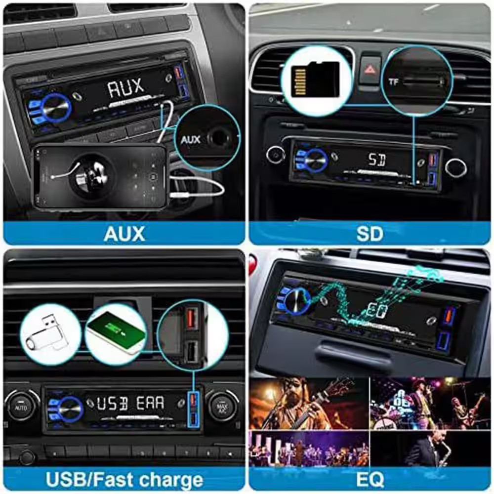 Single DIN Car Stereo Audio Bluetooth FM MP3 SD AUX Dual USB EQ Quick Charge Han