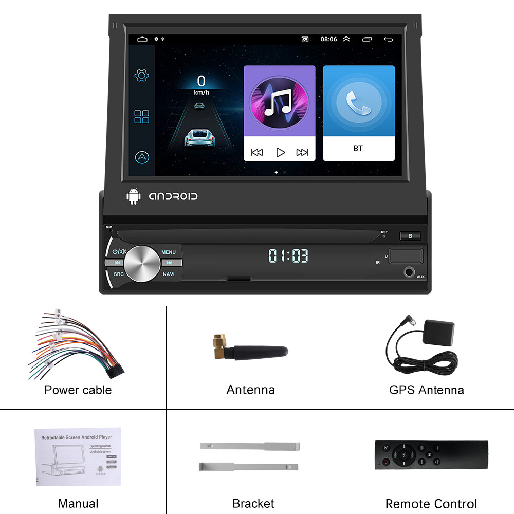 7″ Single 1Din Android 15.0 Carplay Flip Out Car Stereo Radio Navi WiFi FM 2+64G