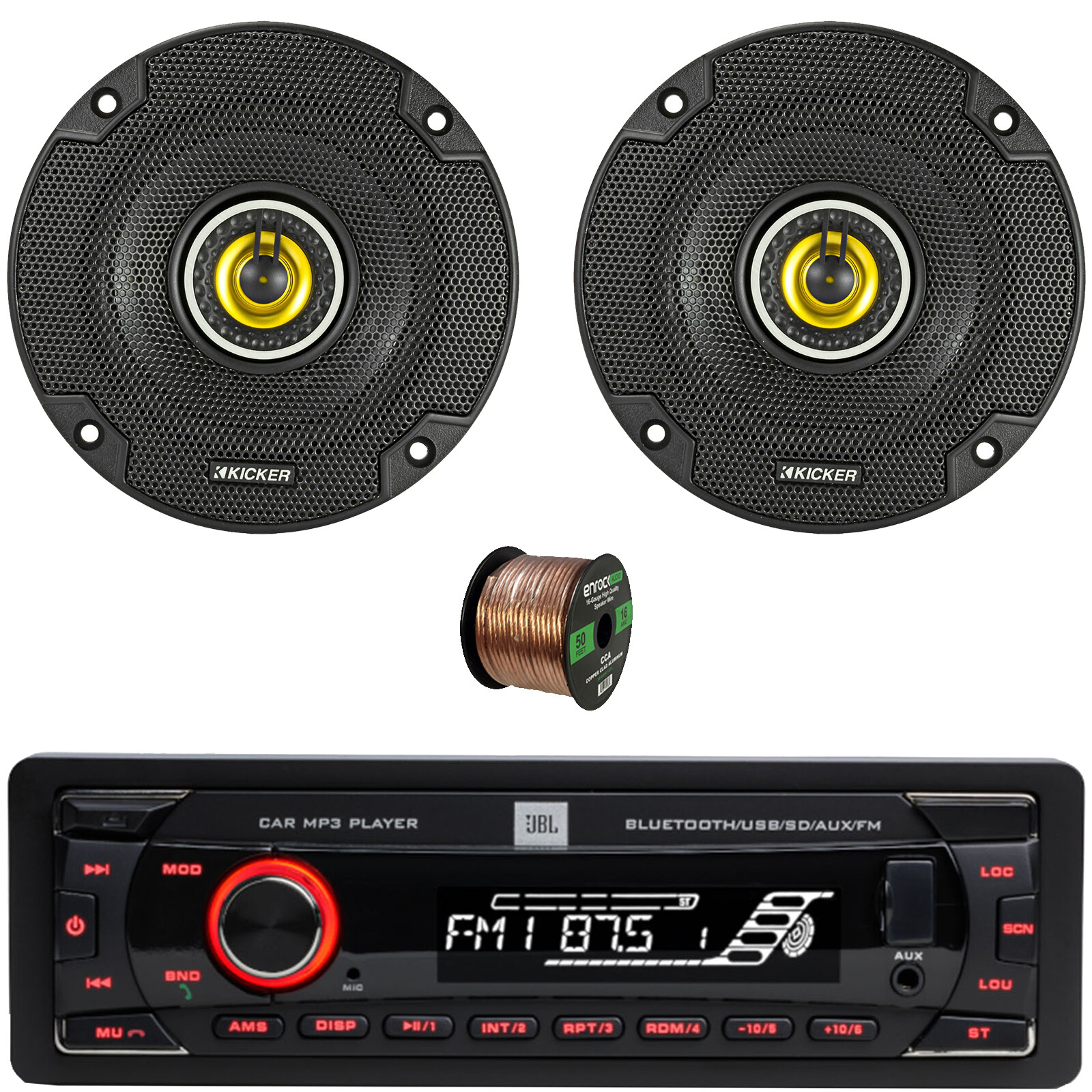 JBL Celebrity100 1-DIN FM SD/MP3 Receiver, 4″ 150W Max 2-Way Speakers (Pair)