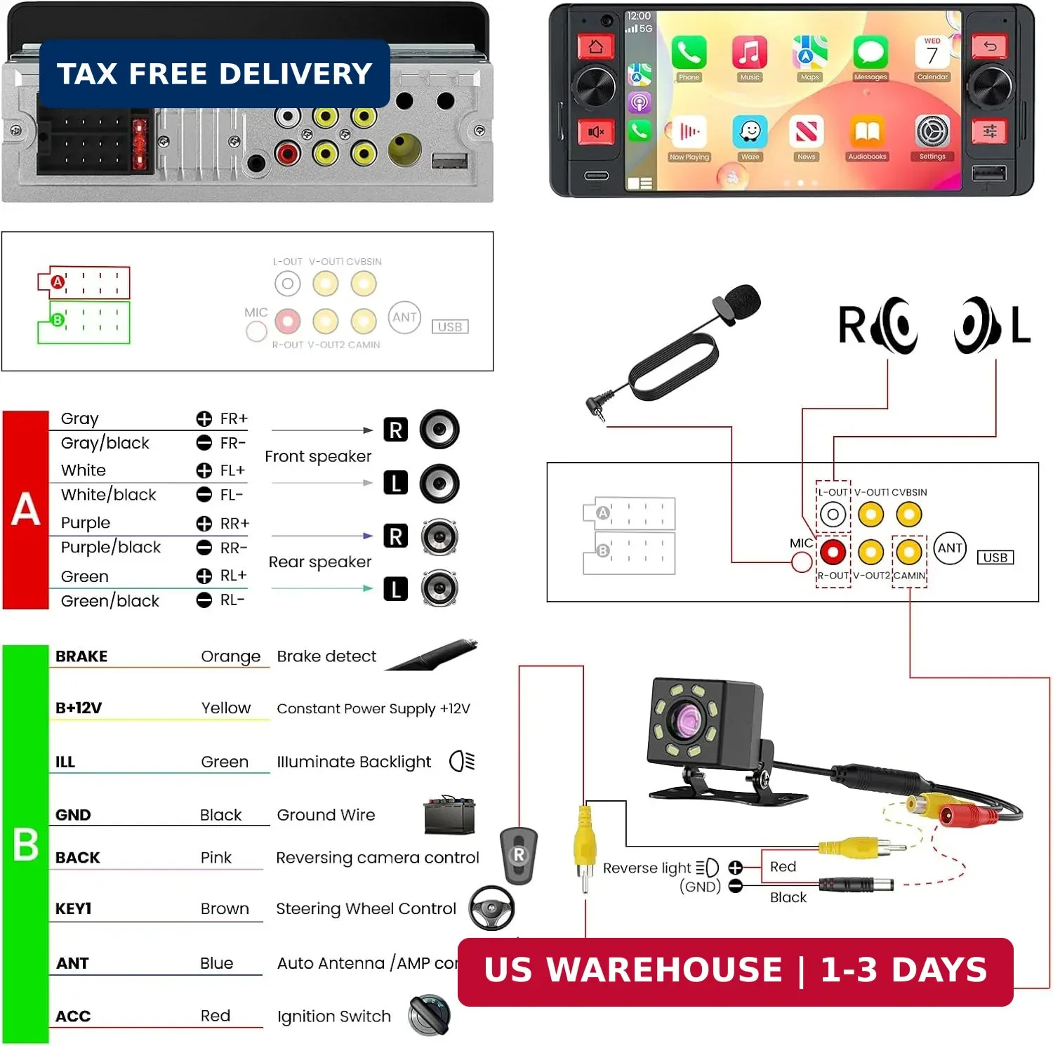 Single Din Car Stereo with Wireless Apple CarPlay and Android Auto, Single Din T