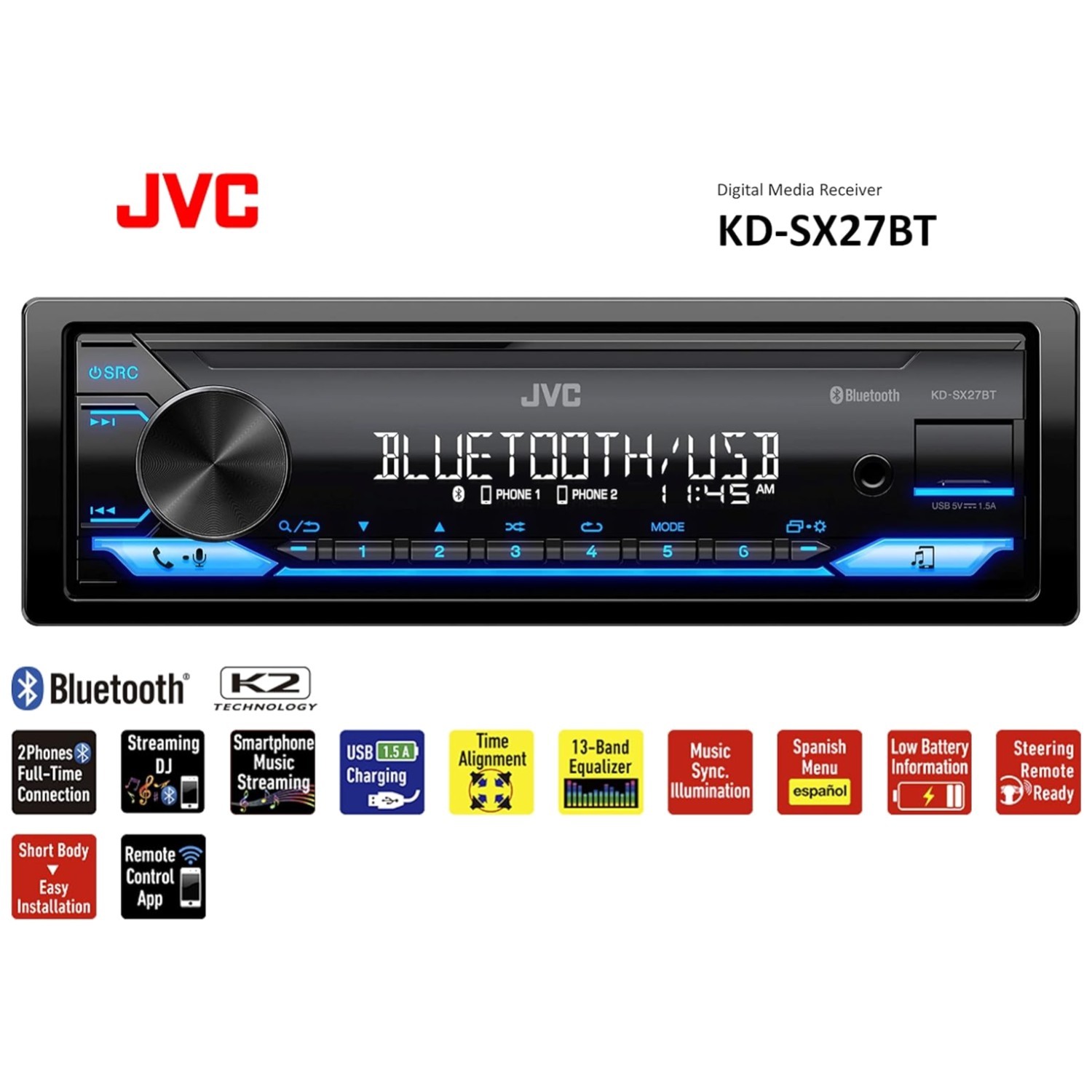 Powerful 100W Car Stereo with Bluetooth & Sound Enhancements