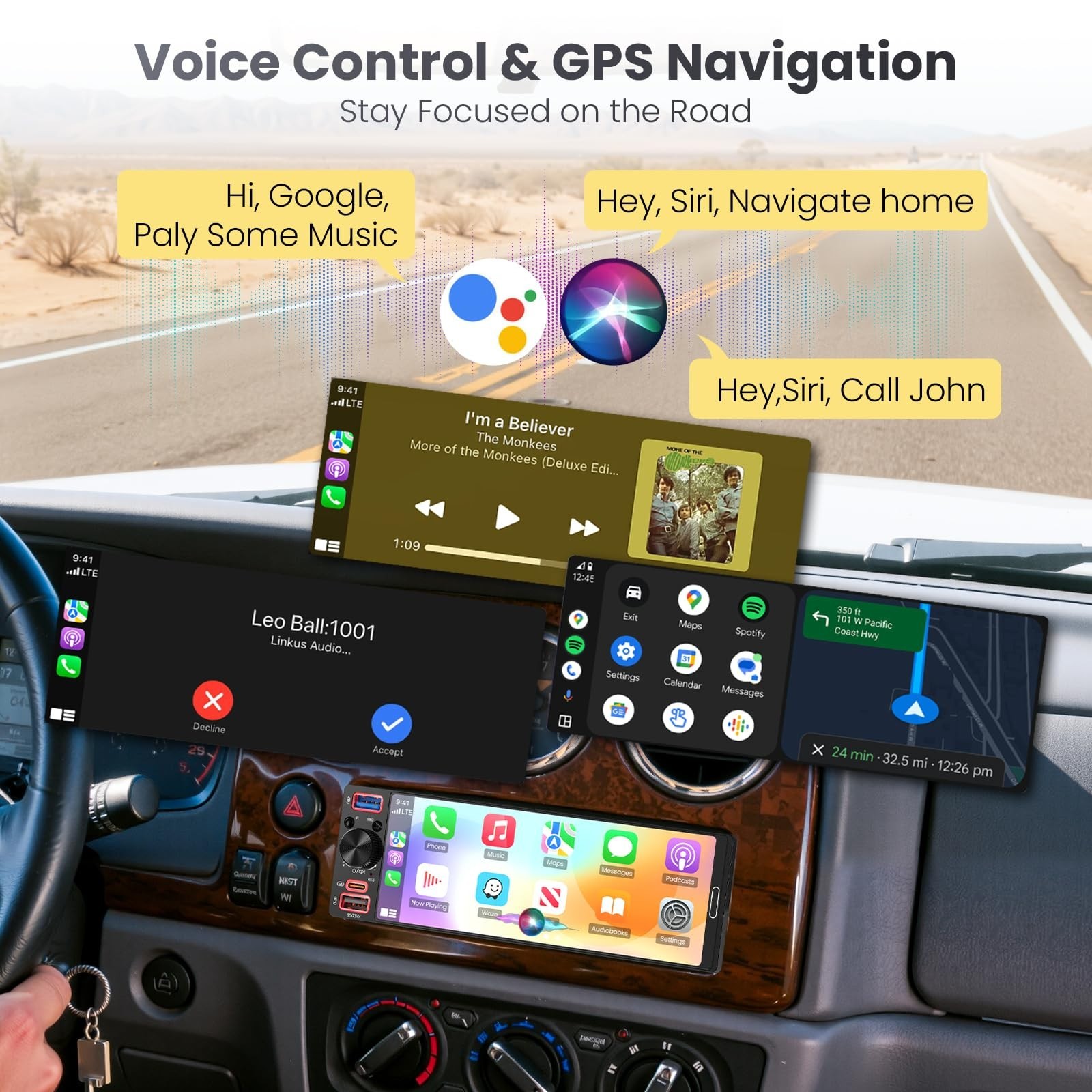 Single Din Car Stereo with 6.5” Touchscreen, Apple CarPlay, Android Auto, Blueto