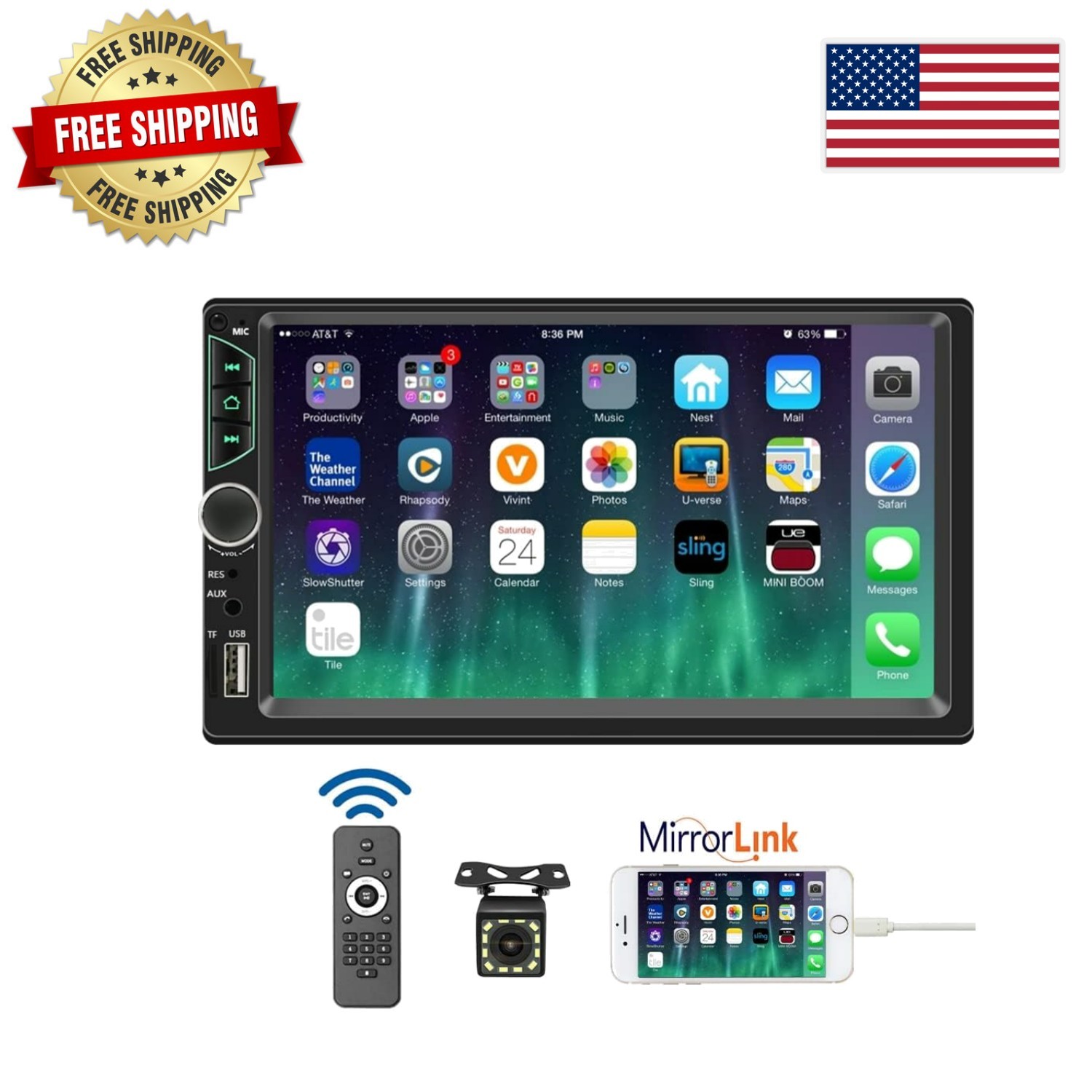 Bluetooth 5.0 Double Din 7″ HD Car Stereo with Mirror Link & Backup Camera