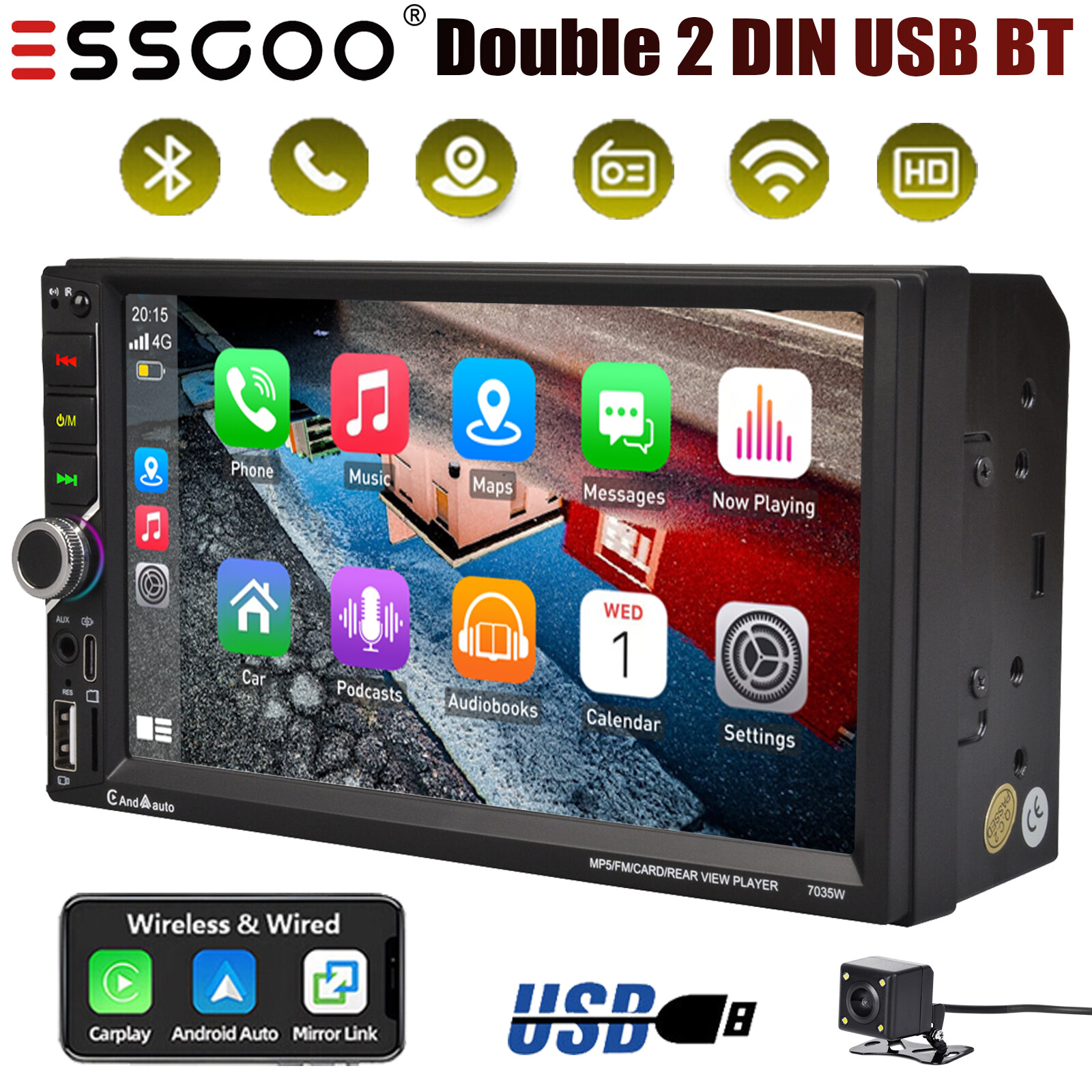 7″ Car Stereo Double 2 Din Apple CarPlay/Android Auto Touch Screen USB BT FM+CAM