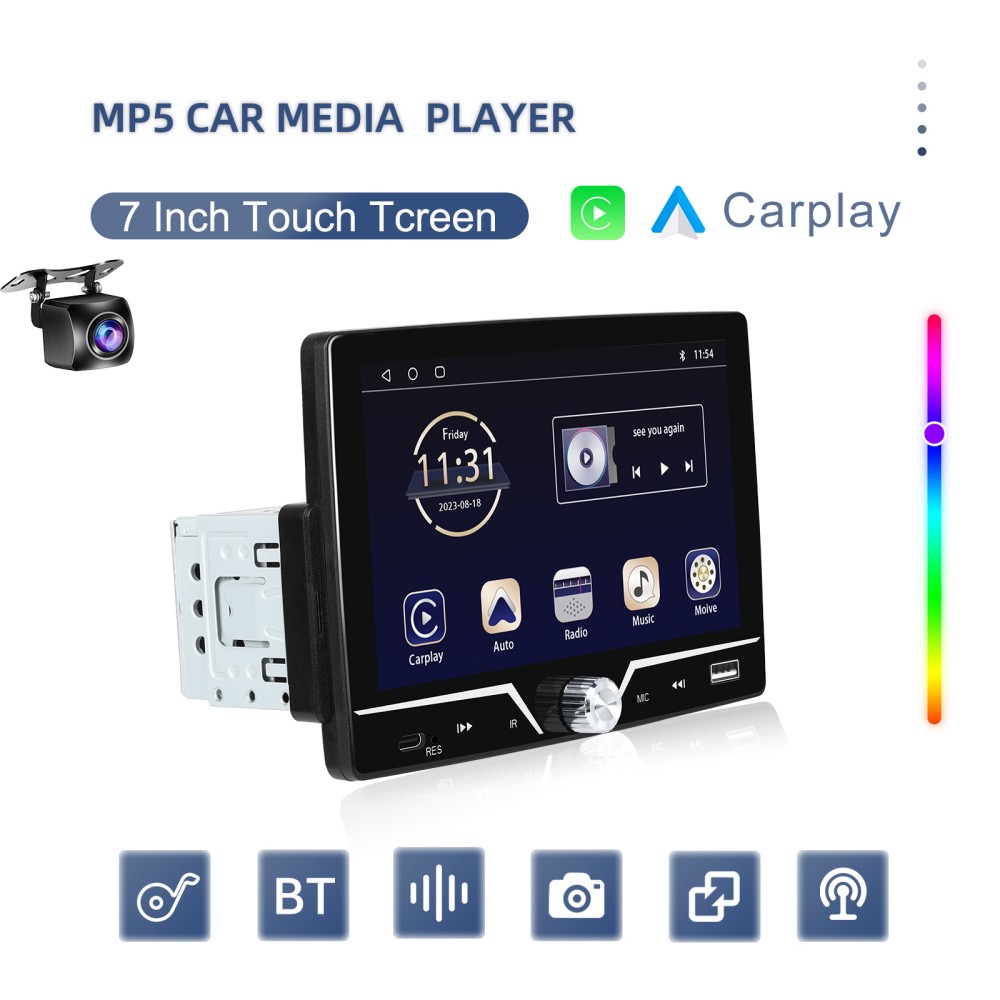 1DIN 7″ HD Touch Screen MP5 Player Car Radio Stereo Bluetooth FM CarPlay Android