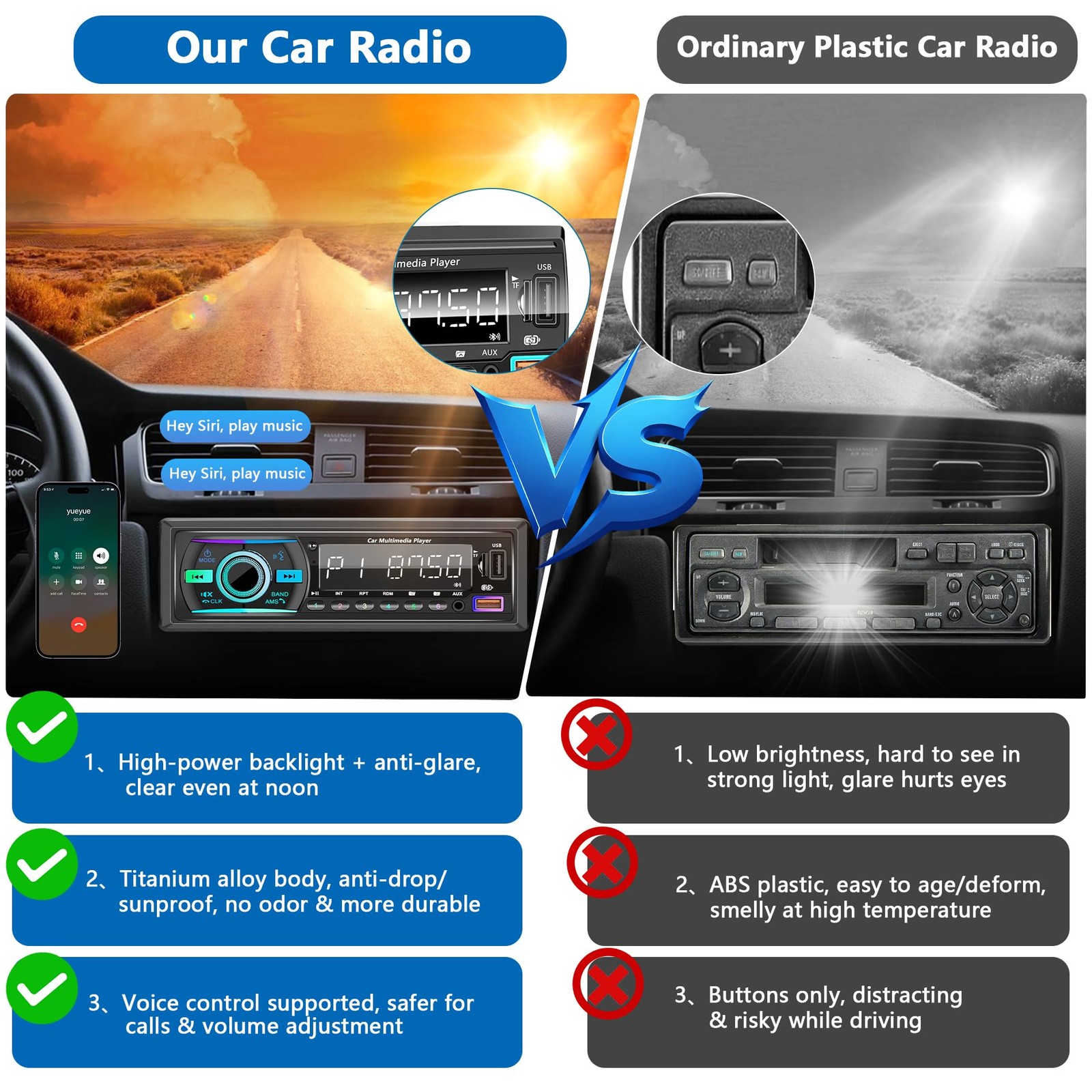 Car Stereo Bluetooth Single Din Radio, Audio 7.4*4.48 *2inches, BLACK