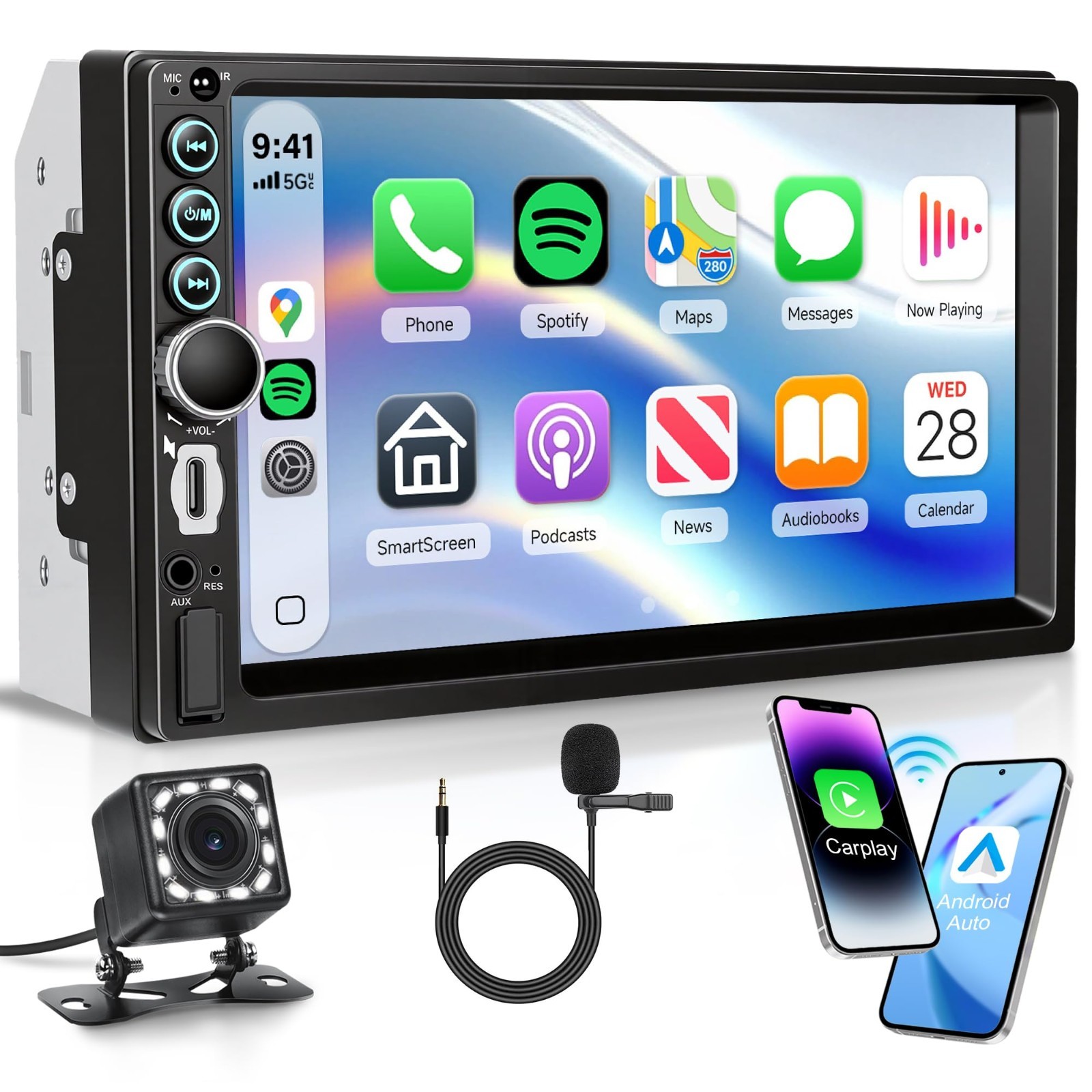 7″ Double Din Car Stereo – Wireless CarPlay, Android Auto, Bluetooth, Touchscree