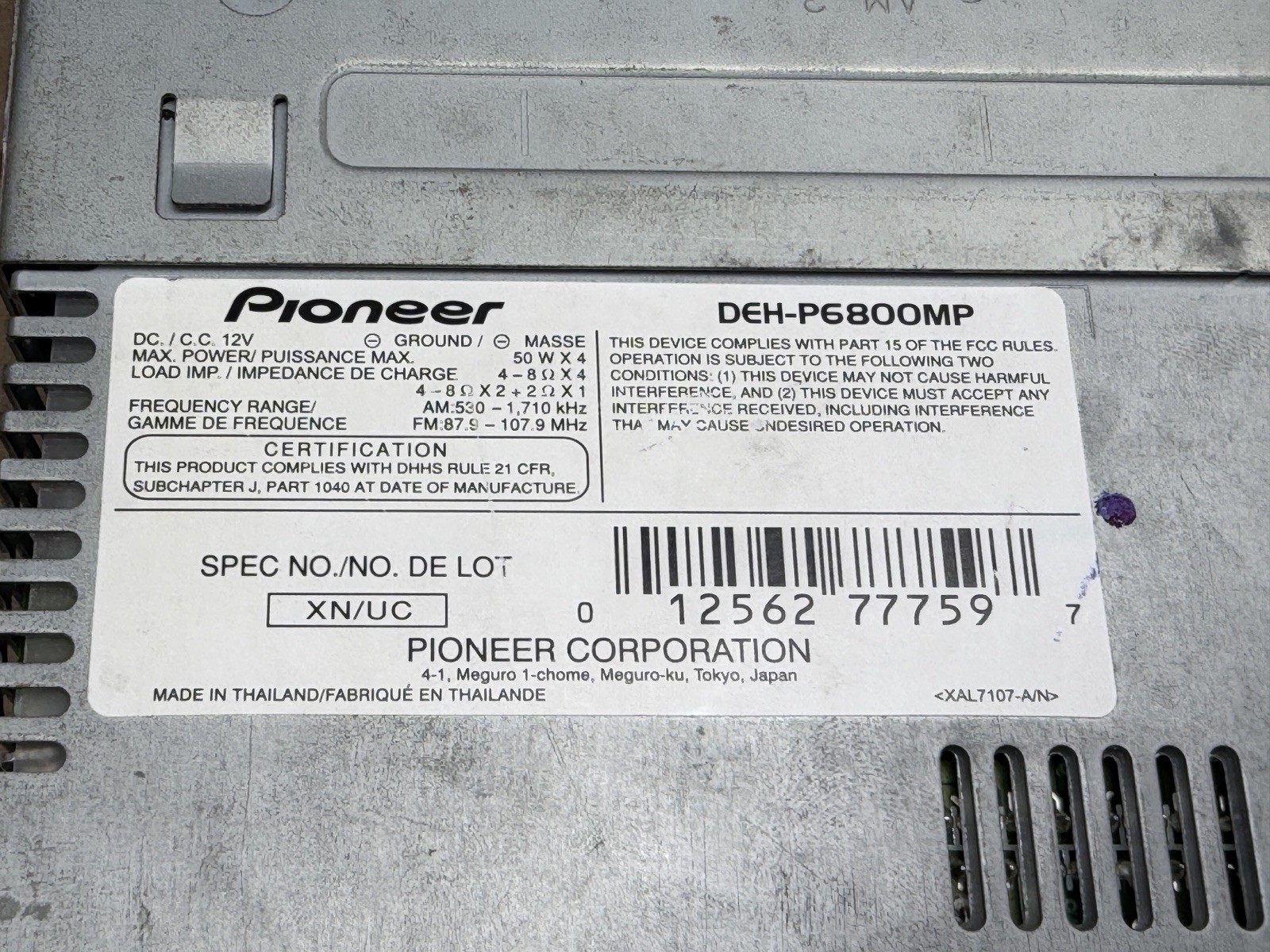 Pioneer DEH-P6800MP Car Stereo CD MP3 Player *Damaged* FOR PARTS AS IS