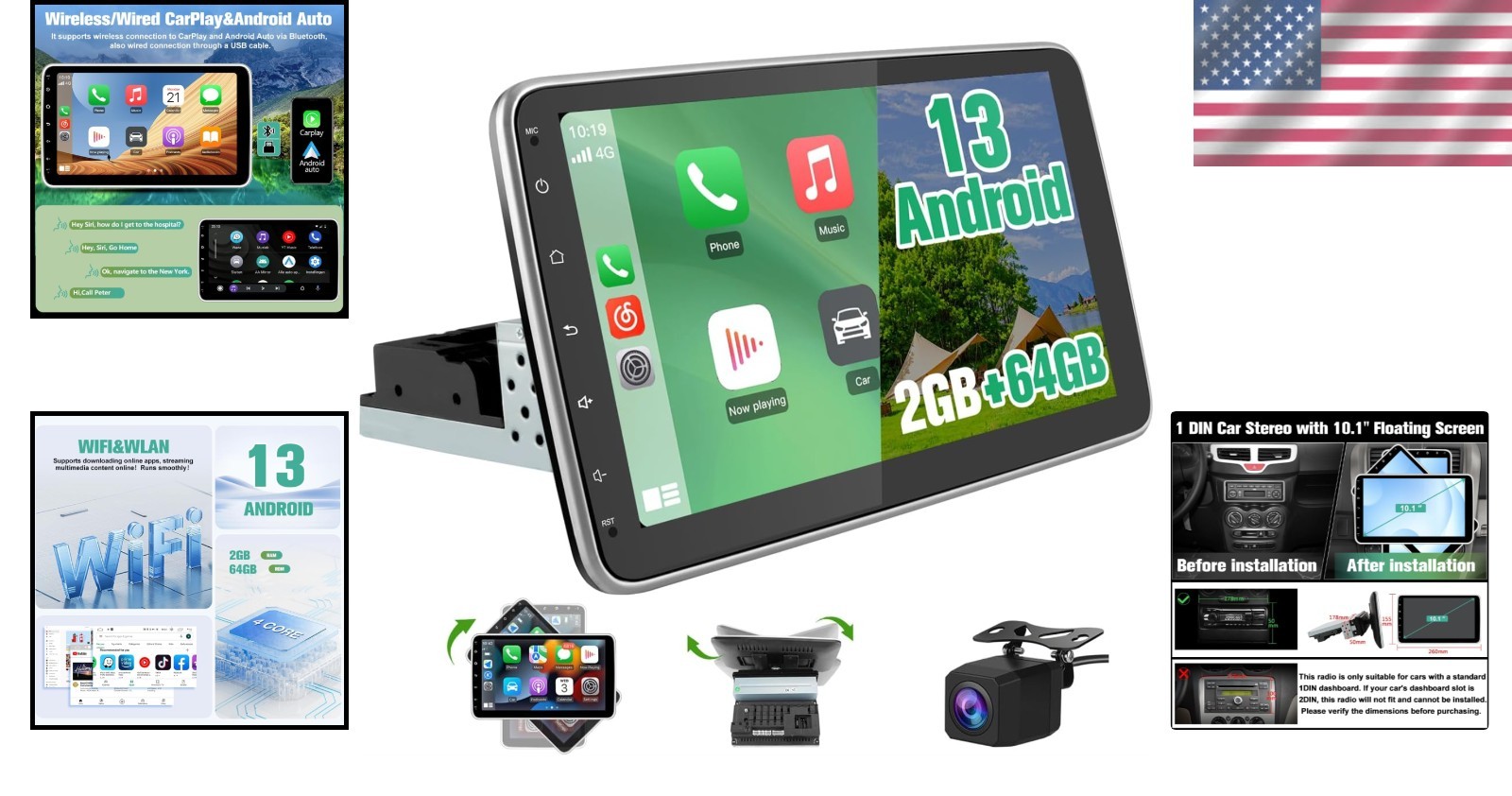 Advanced 10.1 Inch Car Multimedia System, Android 13, Wi-Fi, and Safety Features