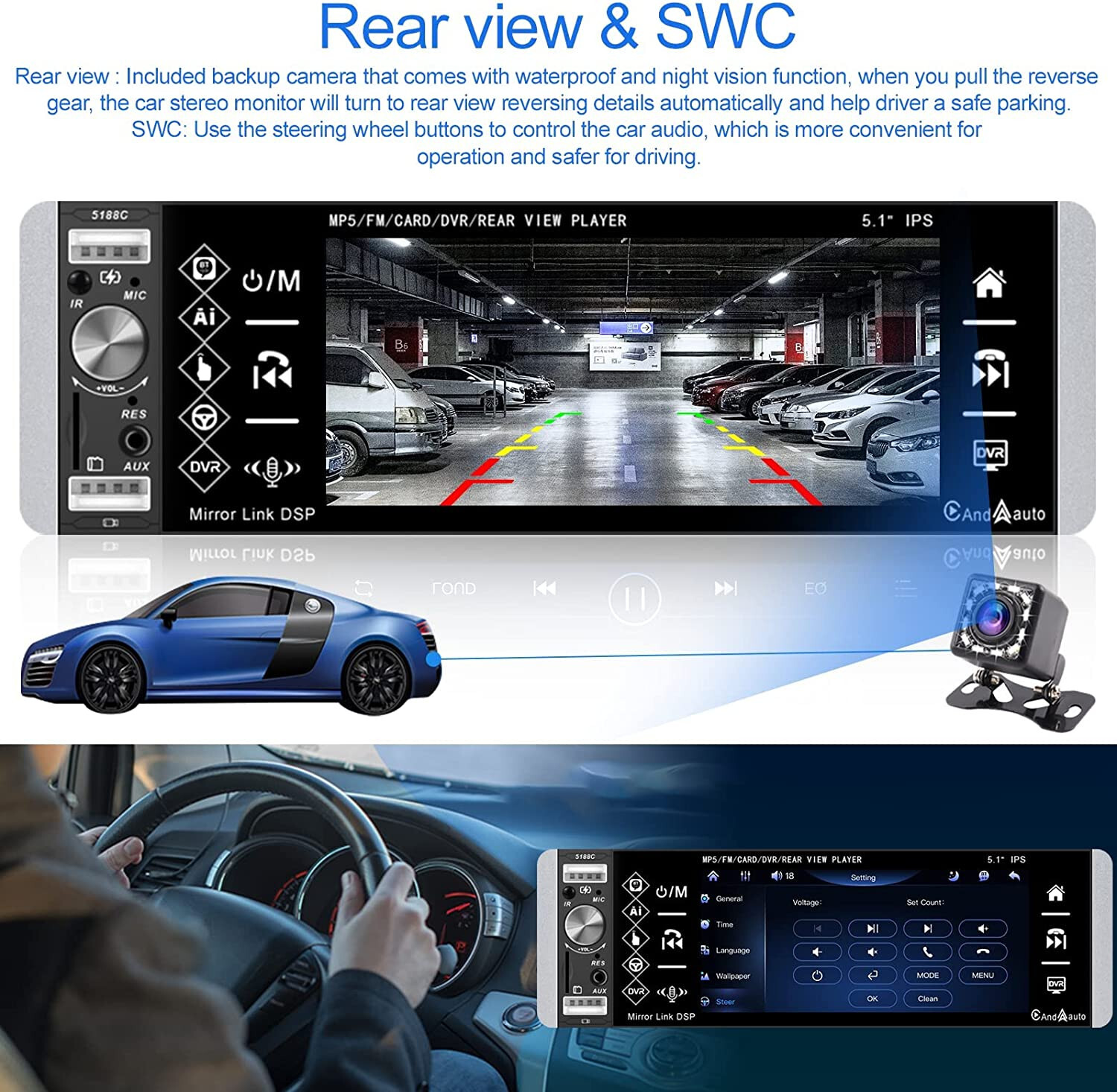Single Din Car Stereo with Carplay Android Auto 5.1″ IPS Bluetooth Touch Screen