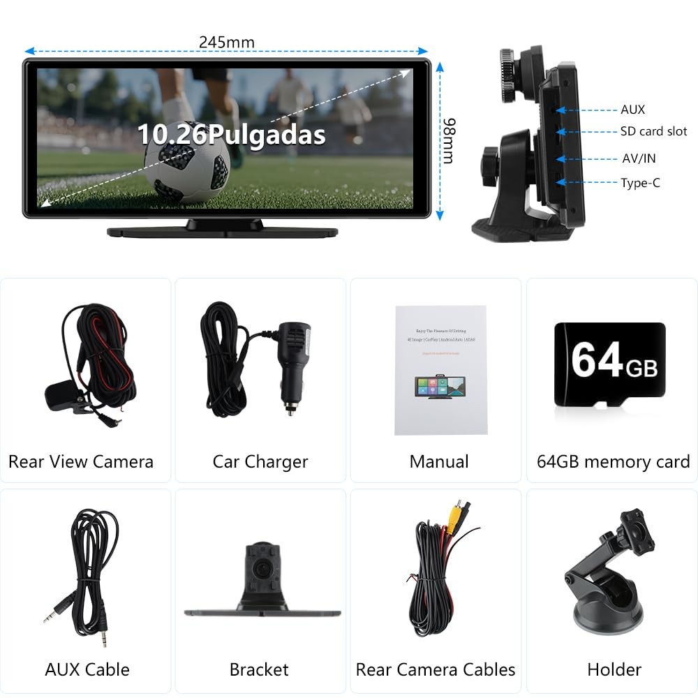 Portable Wireless CarPlay Screen for Car with 4K Dash Cam+1080P Backup Camera…