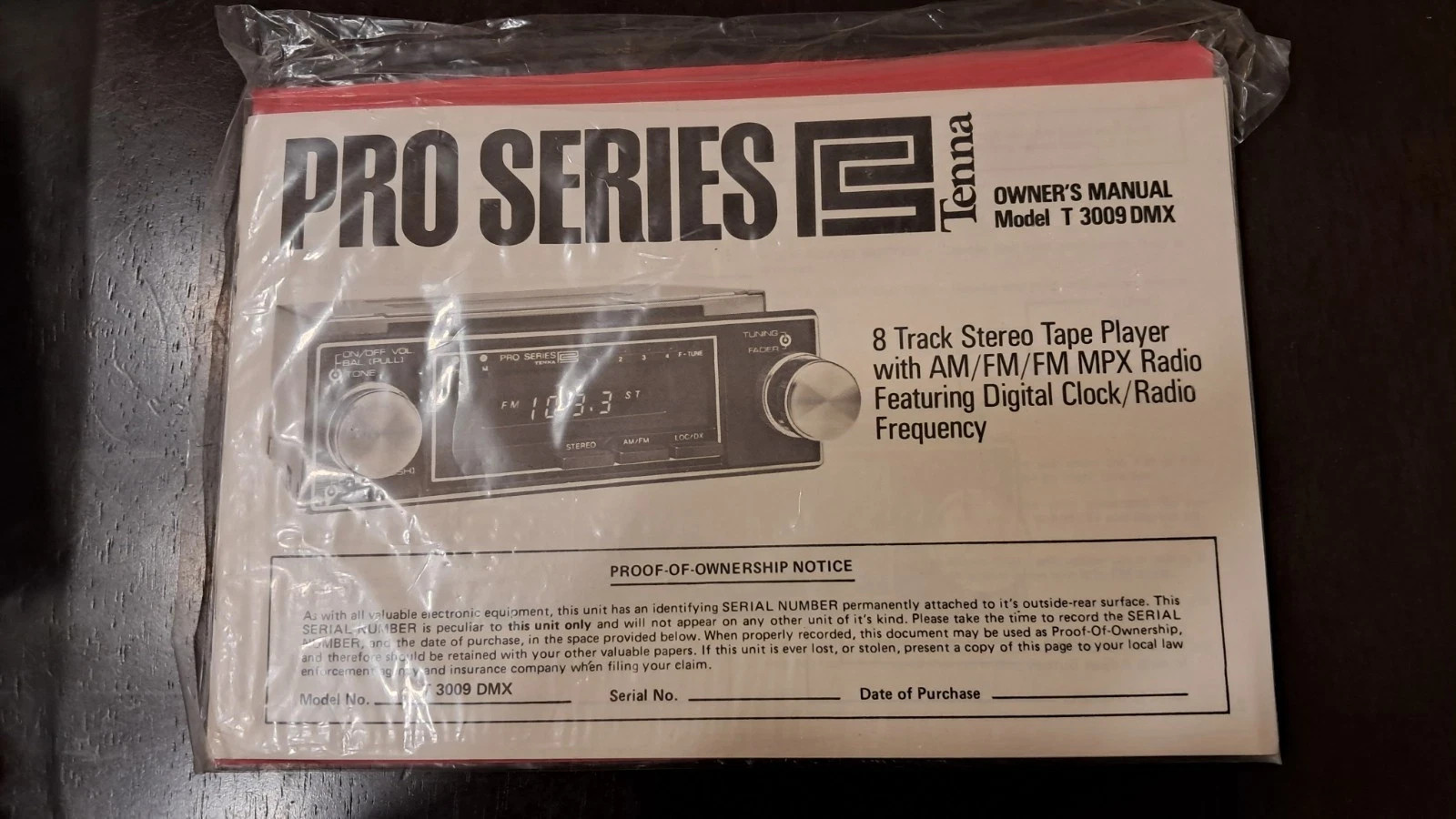 Vintage Tenna Pro Series T3009 DMX Car Stereo In Dash 8 Track AMFM Digital Clock