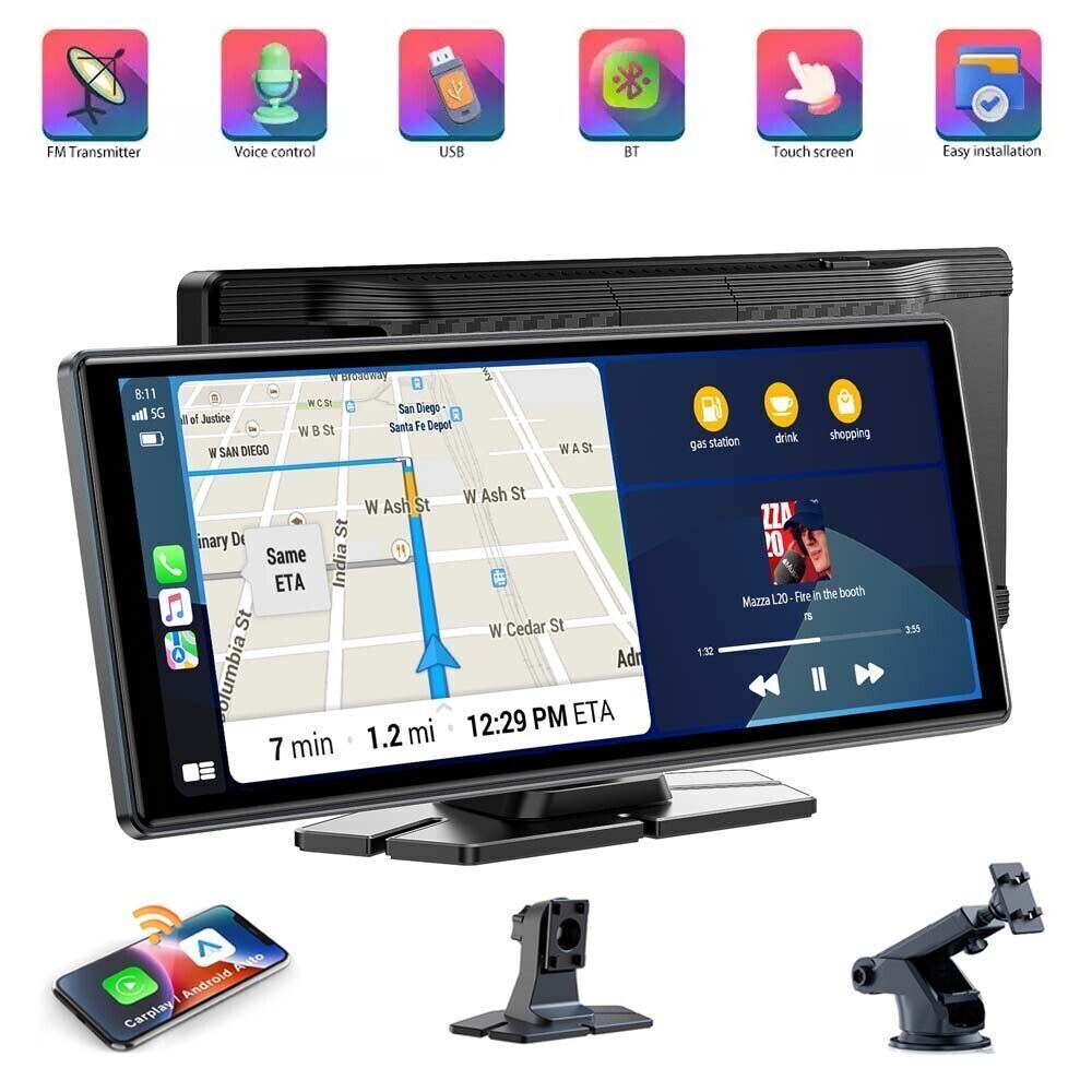 10″ Portable Car Stereo Wireless Apple Carplay & Android Auto Radio Touch Screen