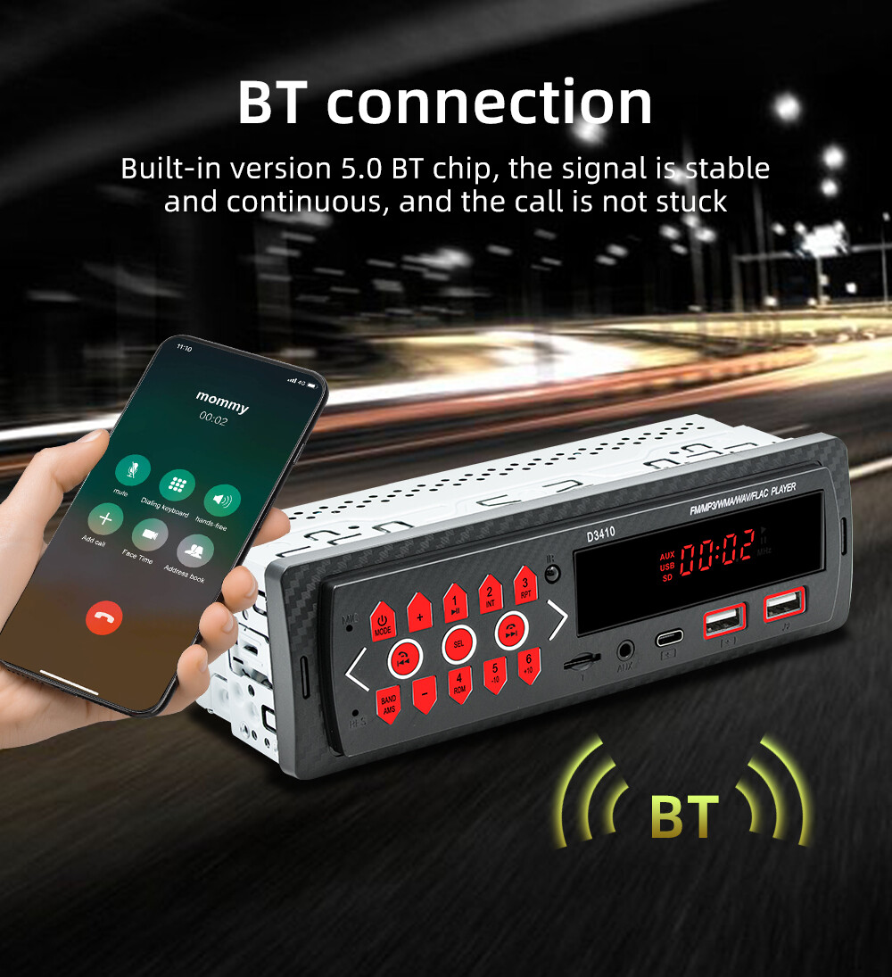 Single Din Car MP3 Player Aux Input Stereo Audio In-Dash FM/USB/SD Bluetooth TF