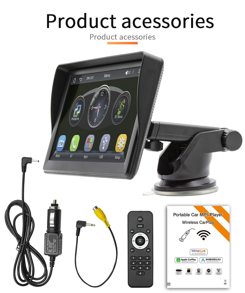 7Inch CarPlay MP5 Player with Sunshade&Rear View Camera Input Portable Wireless