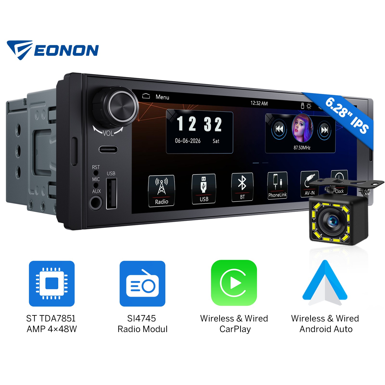 1DIN 6.28″ IPS Touchscreen Car Stereo CarPlay Android Auto Radio Headunit Camera