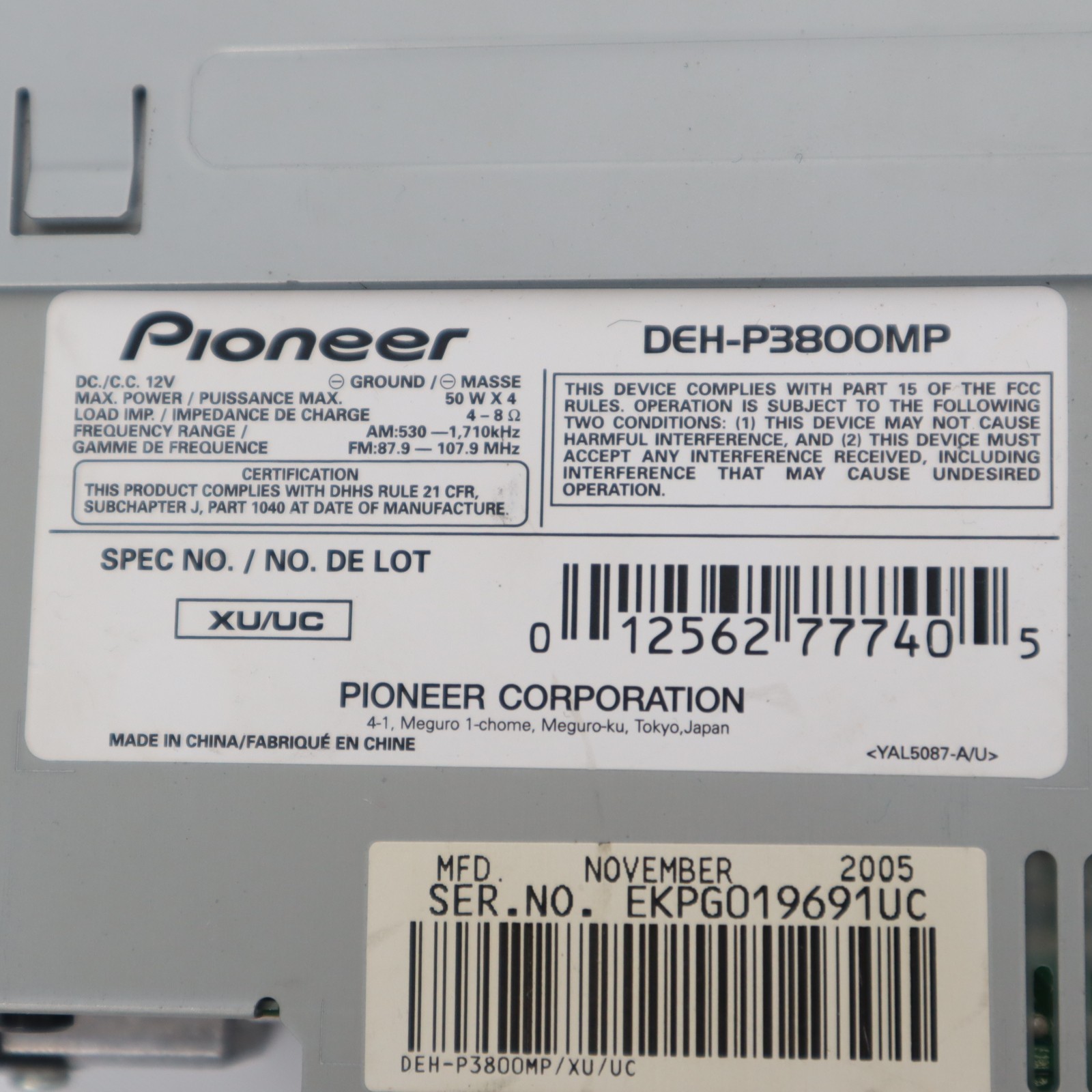 Pioneer DEH-P3800MP CD Receiver with MP3/WMA – Untested