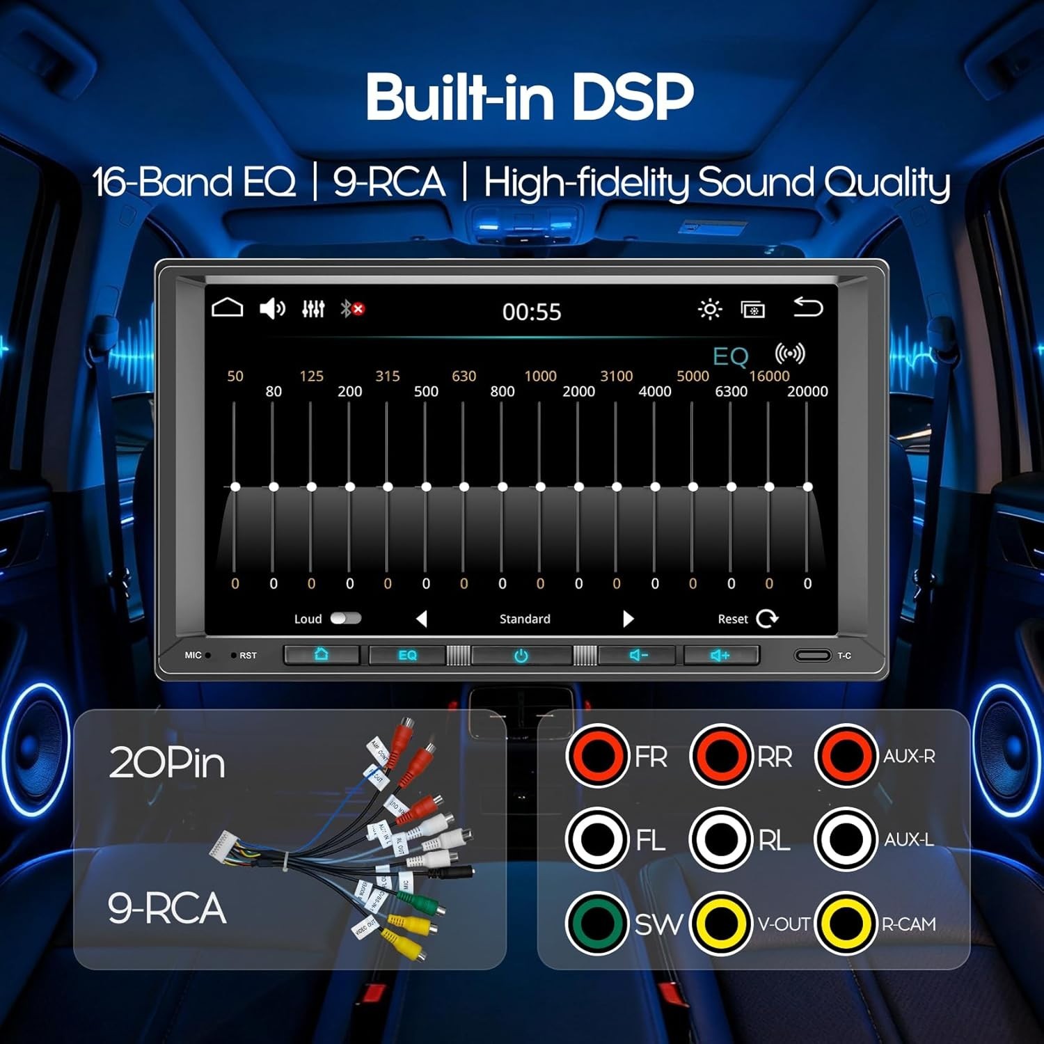 7″ Double DIN Android Auto Carplay Stereo with Linux OS, SWC, and Backup Camera