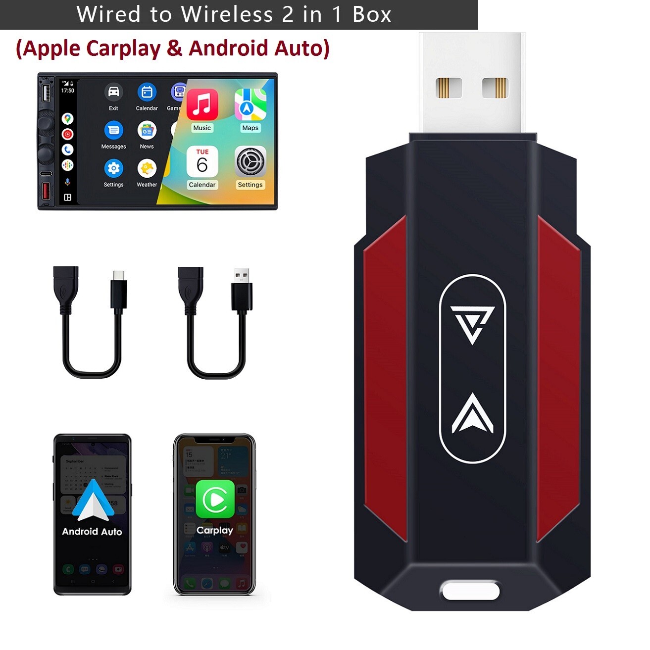 2 In 1 Wired to Wireless CarPlay Adapter For iPhone Apple Carplay Android Auto