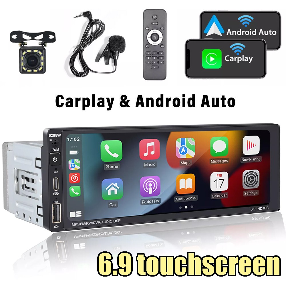 Wireless Single 1Din Car Stereo Apple CarPlay 6.9 Touchscreen Bluetooth Radio US