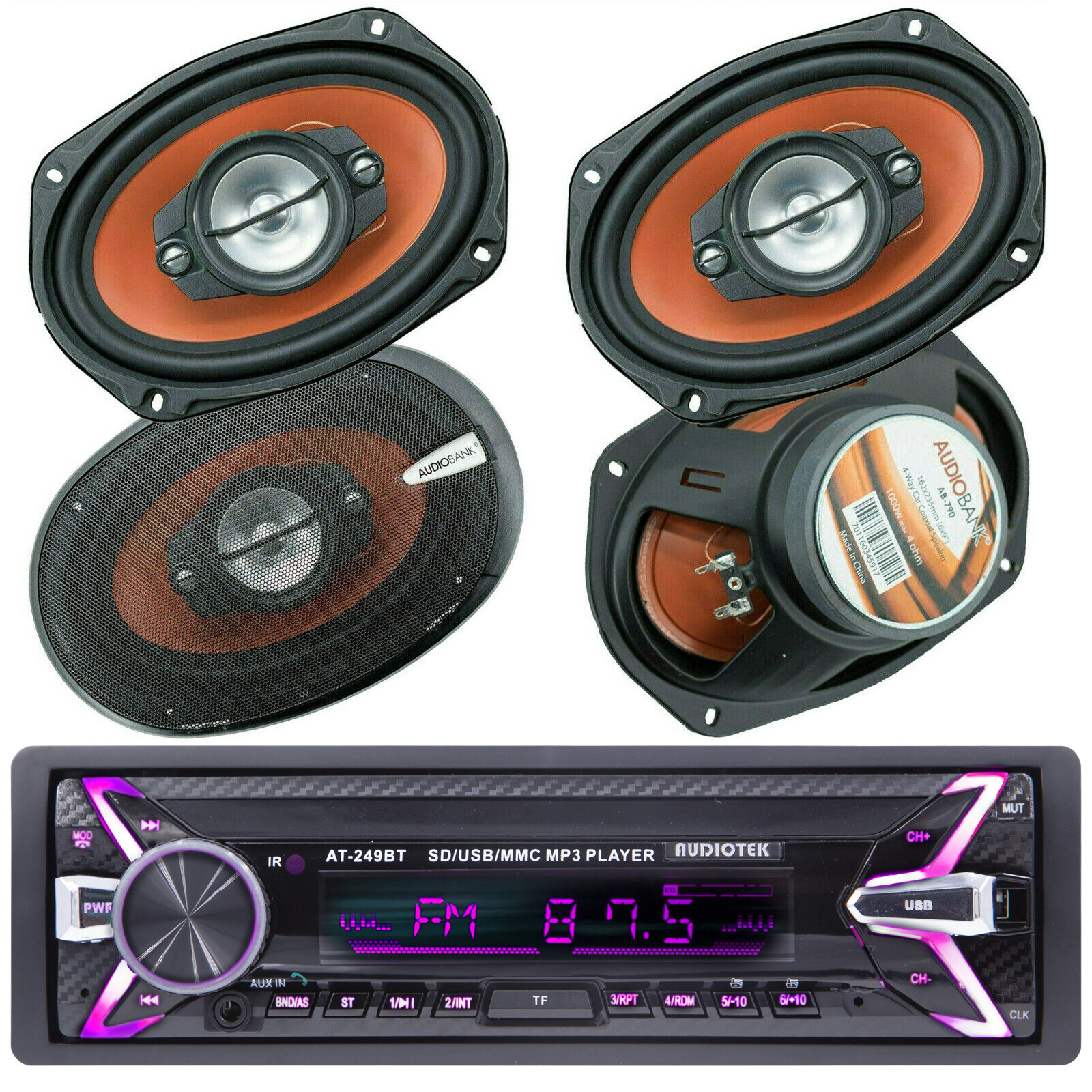 Audiotek Bluetooth Car Stereo USB SD FM Digital Media Receiver + 4x 6×9″ Speaker