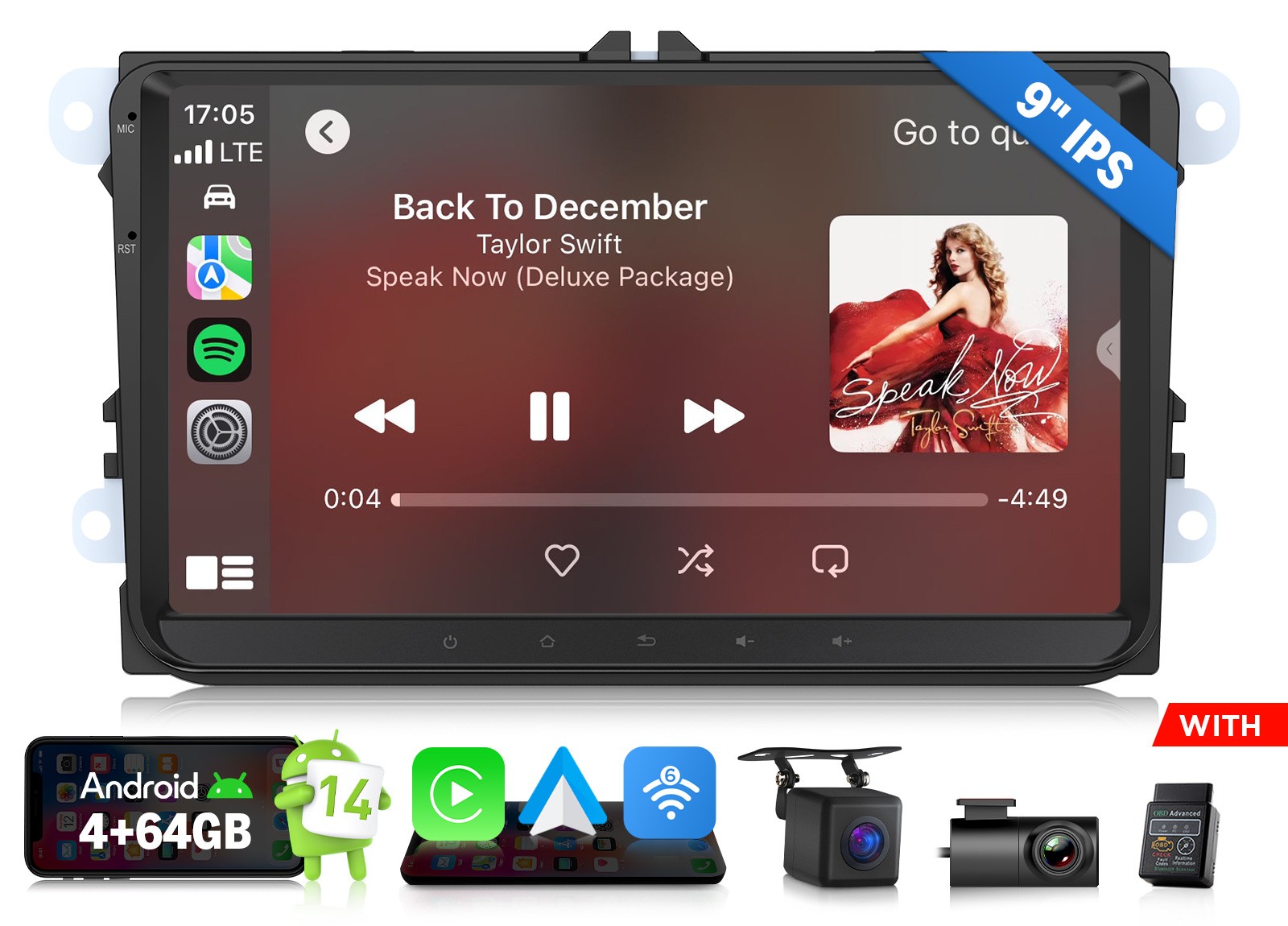 9″ IPS Android 14 Car Radio for VW RCD310 RCD510 RNS510 Wireless CarPlay SWC DSP