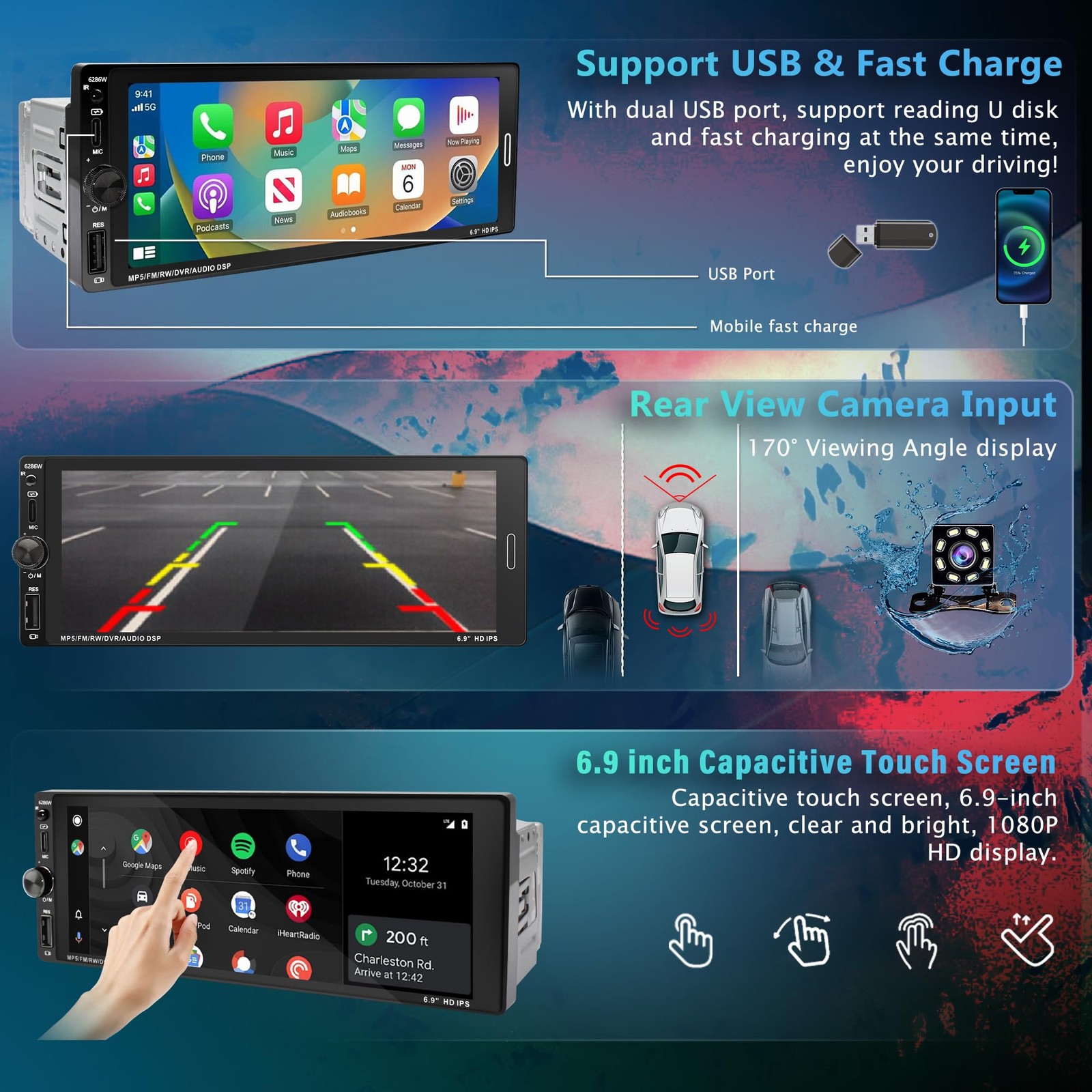 Emeito 6.9 Inch Single Din Car Stereo Touchscreen Radio Gunmetal Color