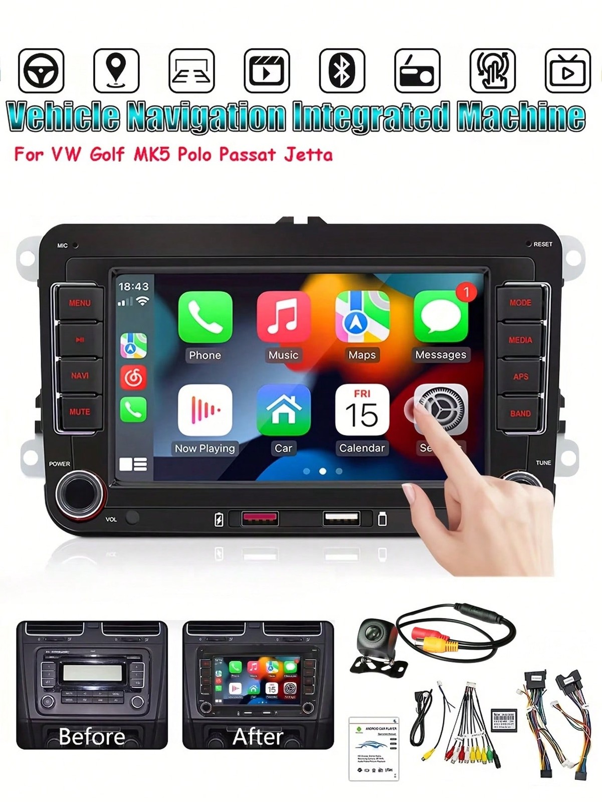 7″ Car Radio Wireless CarPlay Android Auto for Golf MK5 MK6 Jetta Tiguan Passat