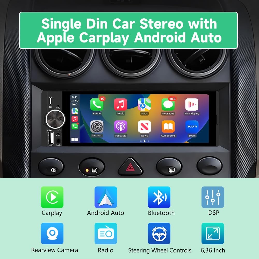 Single Din Car Stereo, 6.36 Inch CarPlay & Android Auto HD IPS Touchscreen Ra…