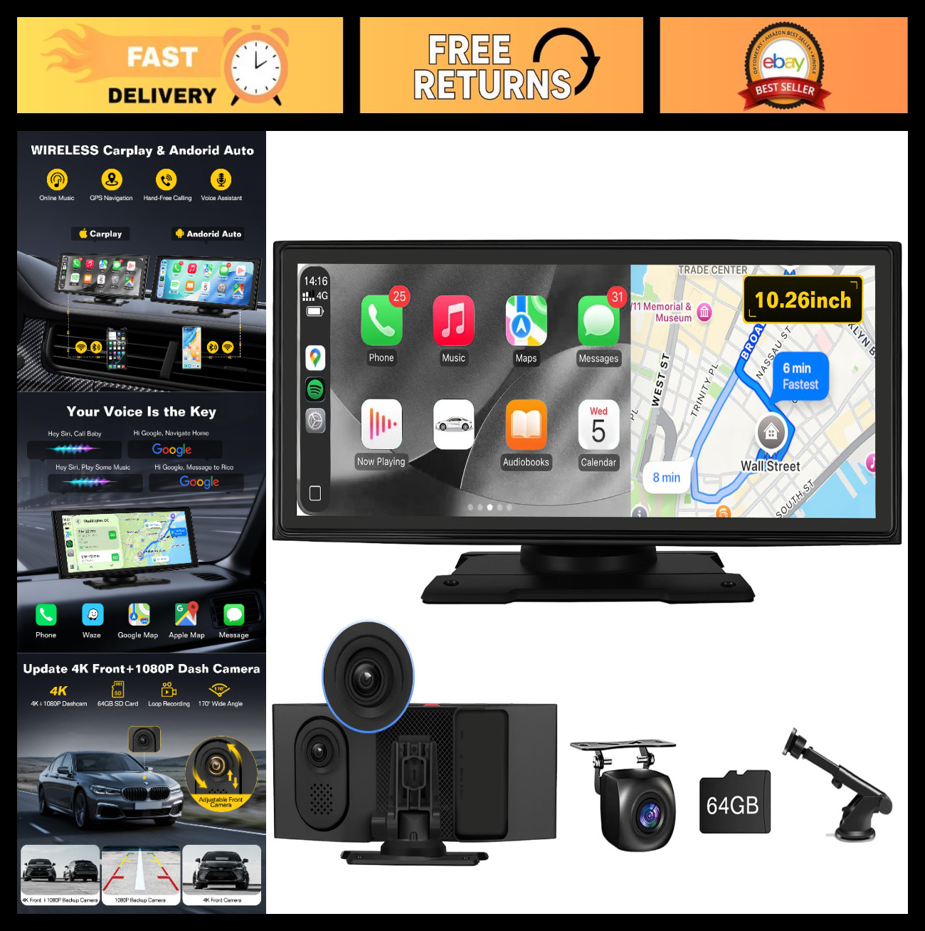 10.26″ Wireless CarPlay & Android Auto Car Stereo, 4K Dash Cam, 1080P Backup Cam